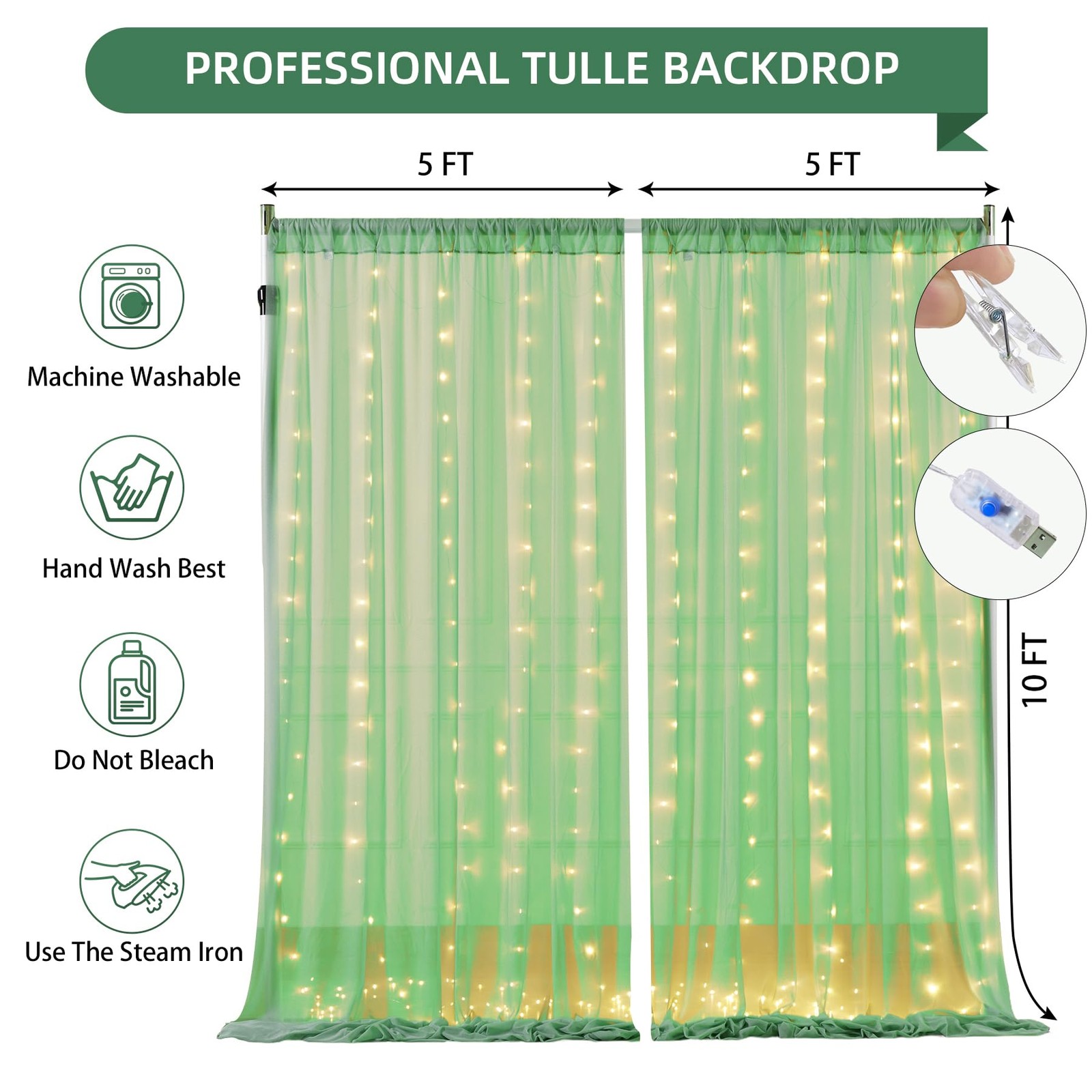 10x10ft Green Tulle Backdrop Curtain, String Lights, Sheer Photo Drapes, Party