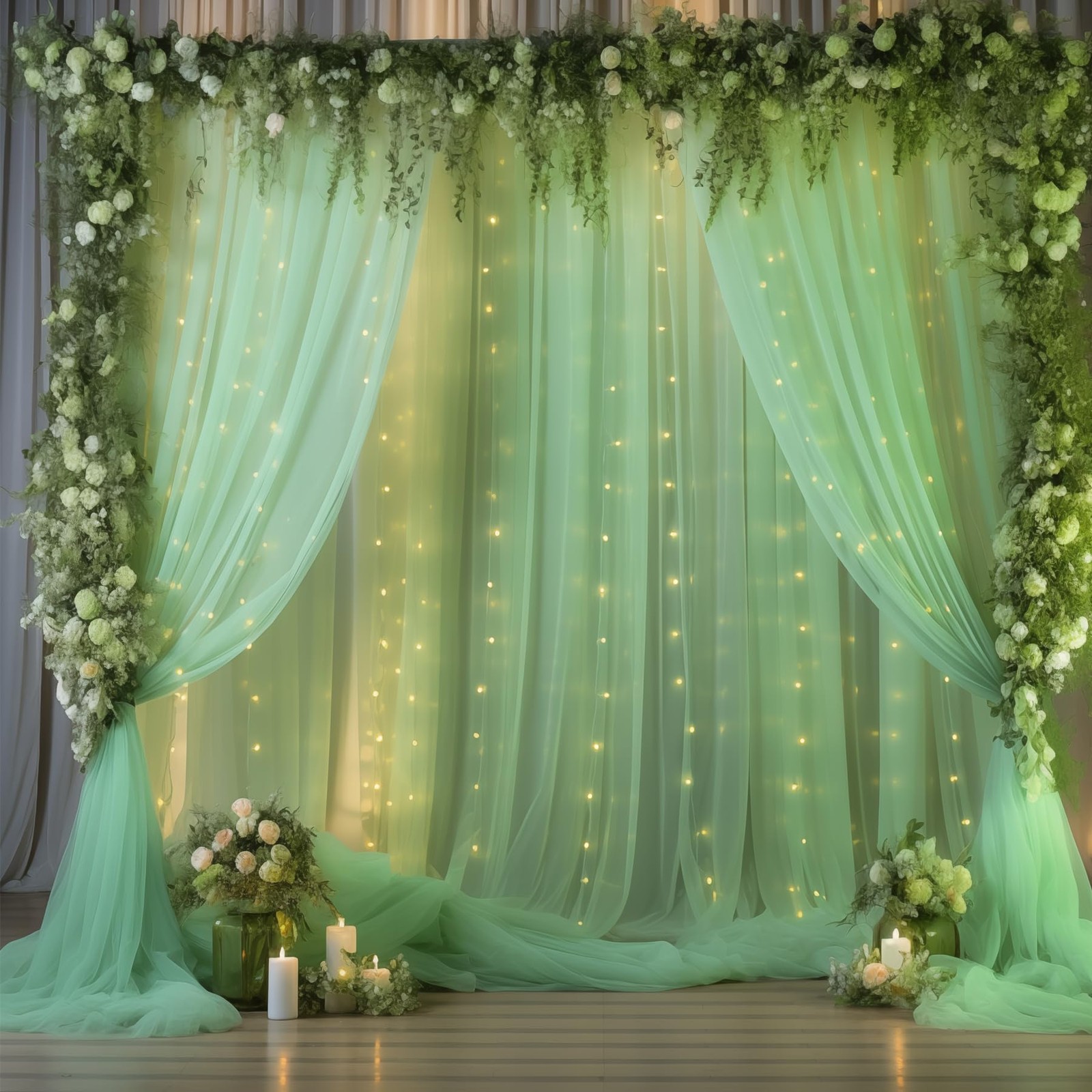 10×10ft Green Tulle Backdrop Curtain with Lights String for Parties, Sheer Ph…
