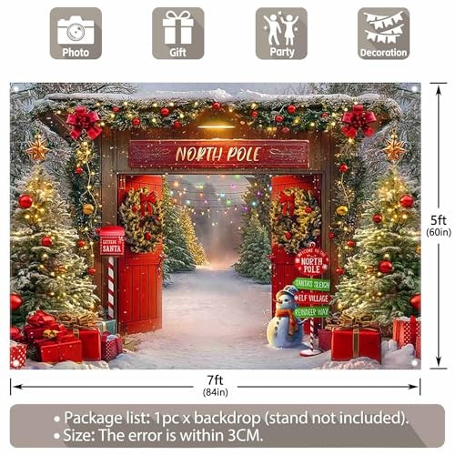 7x5ft Fabric Christmas Backdrop Winter Forest Wooden Barn Door North Pole