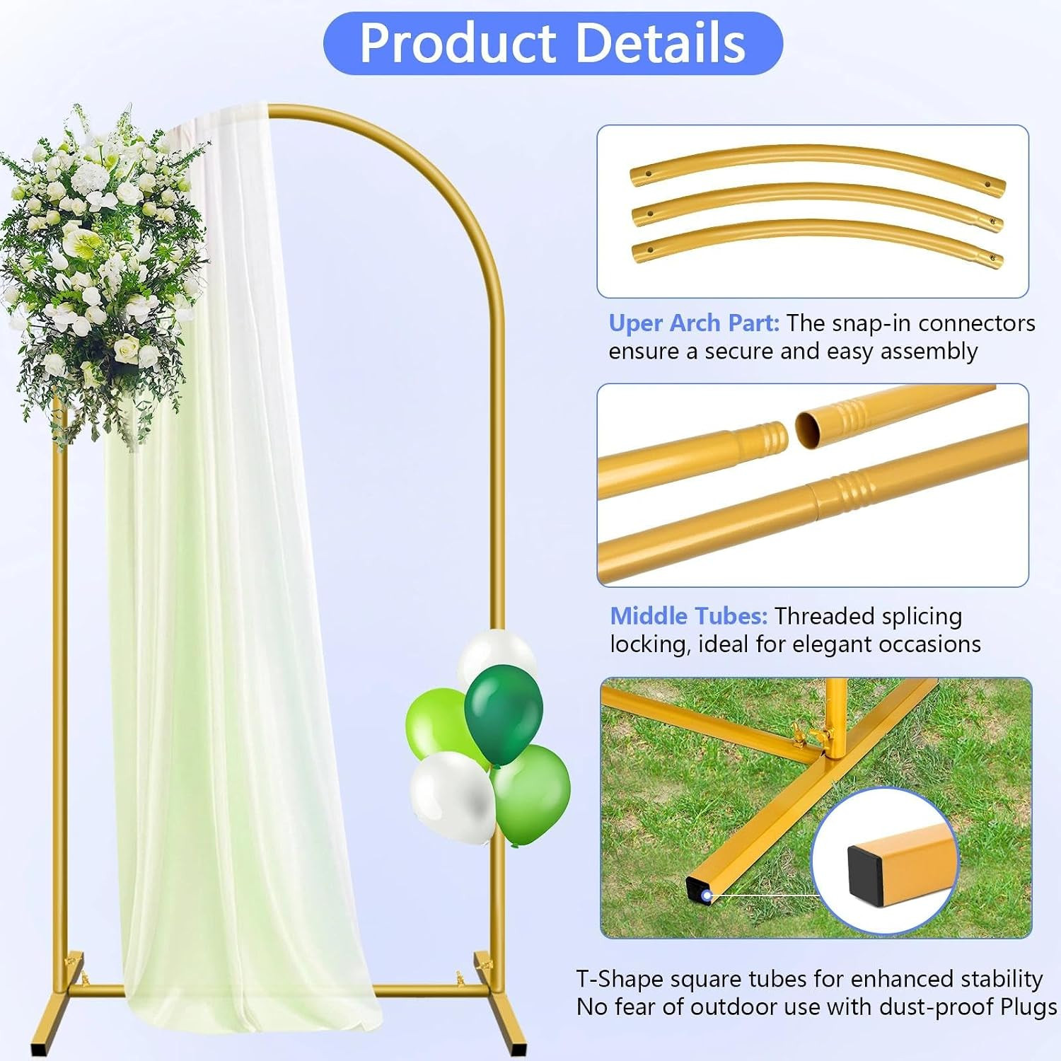 6 Ft Gold Arch Backdrop Stand for Weddings and Events with Ground Nails