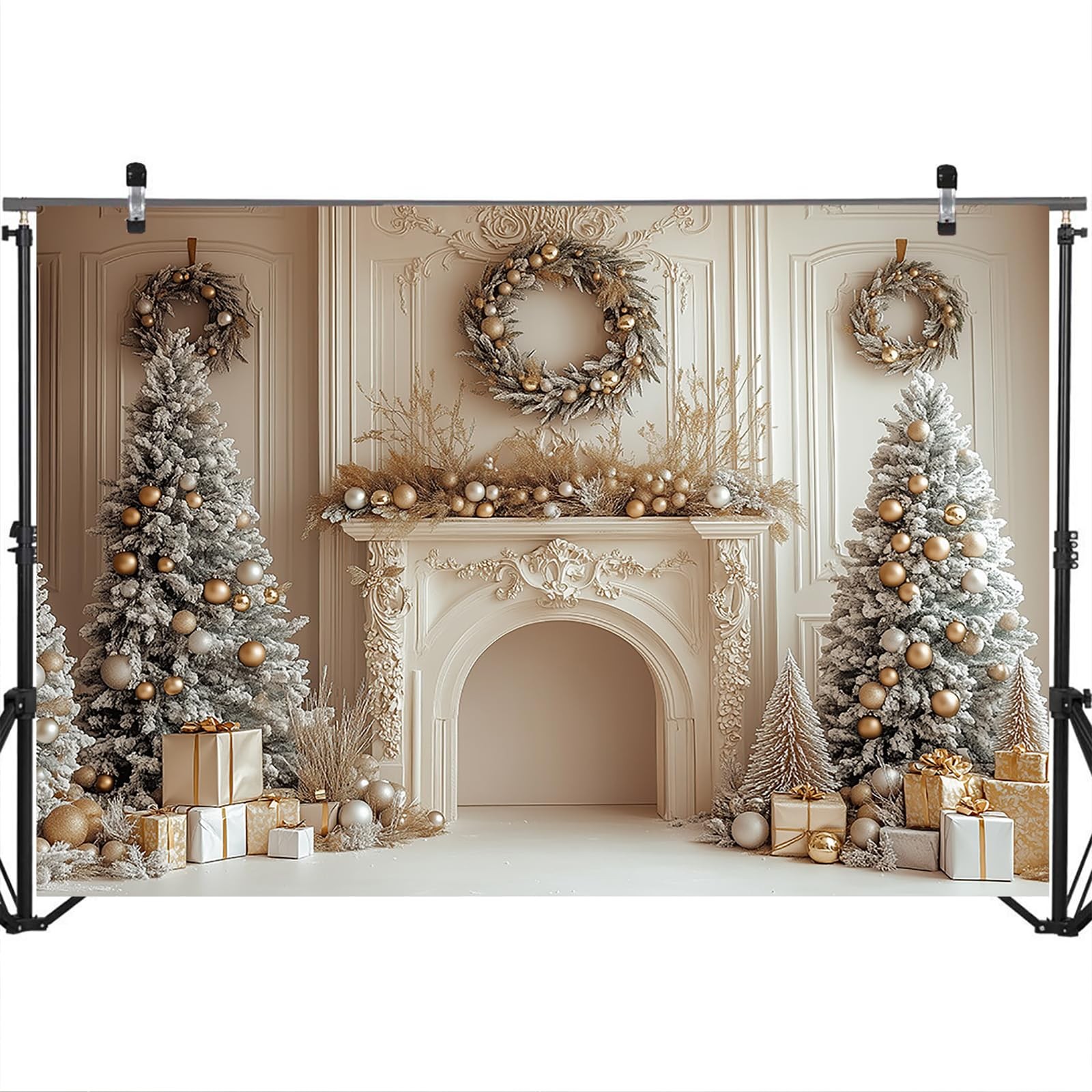 White Gold Christmas Tree Fireplace Holiday Photography Backdrop 7x5ft Mat