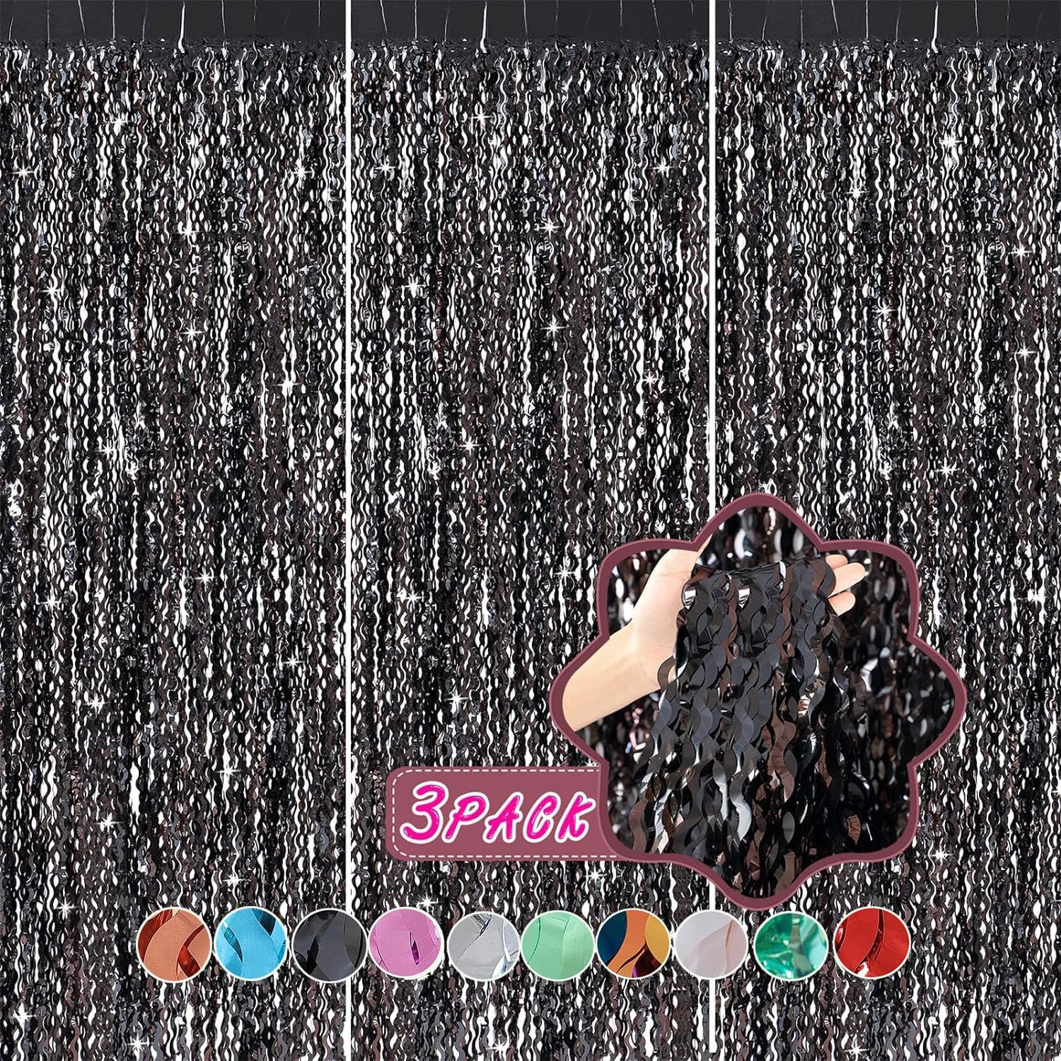 3 PCS New Years Wavy Black Tinsel Foil Fringe Curtain Backdrop 3.3×6.6 FT