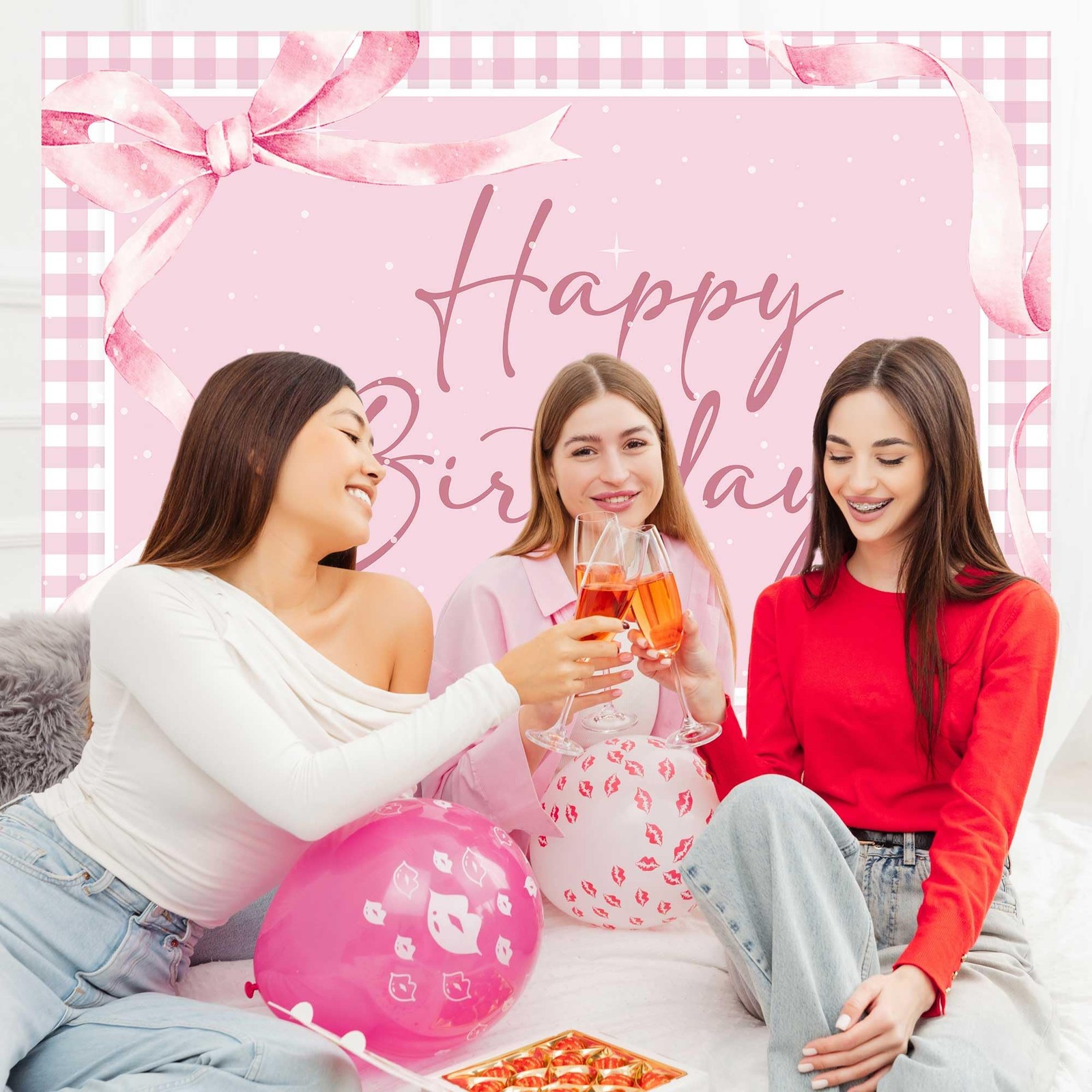 Coquette Pink Bow Happy Birthday Backdrop 7x5ft – Elegant Pink Gingham with R…