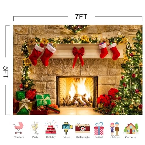 7x5ft Christmas Fireplace Theme Backdrop for Photography Tree Sock 7ft by 5ft