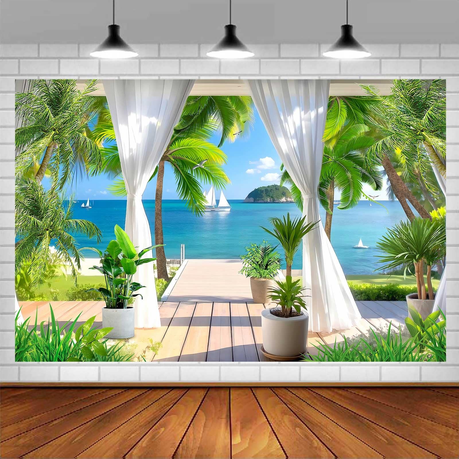Summer Sea Backdrop Hawaiian Tropical Beach Plants Photography Backdrops, Vil…