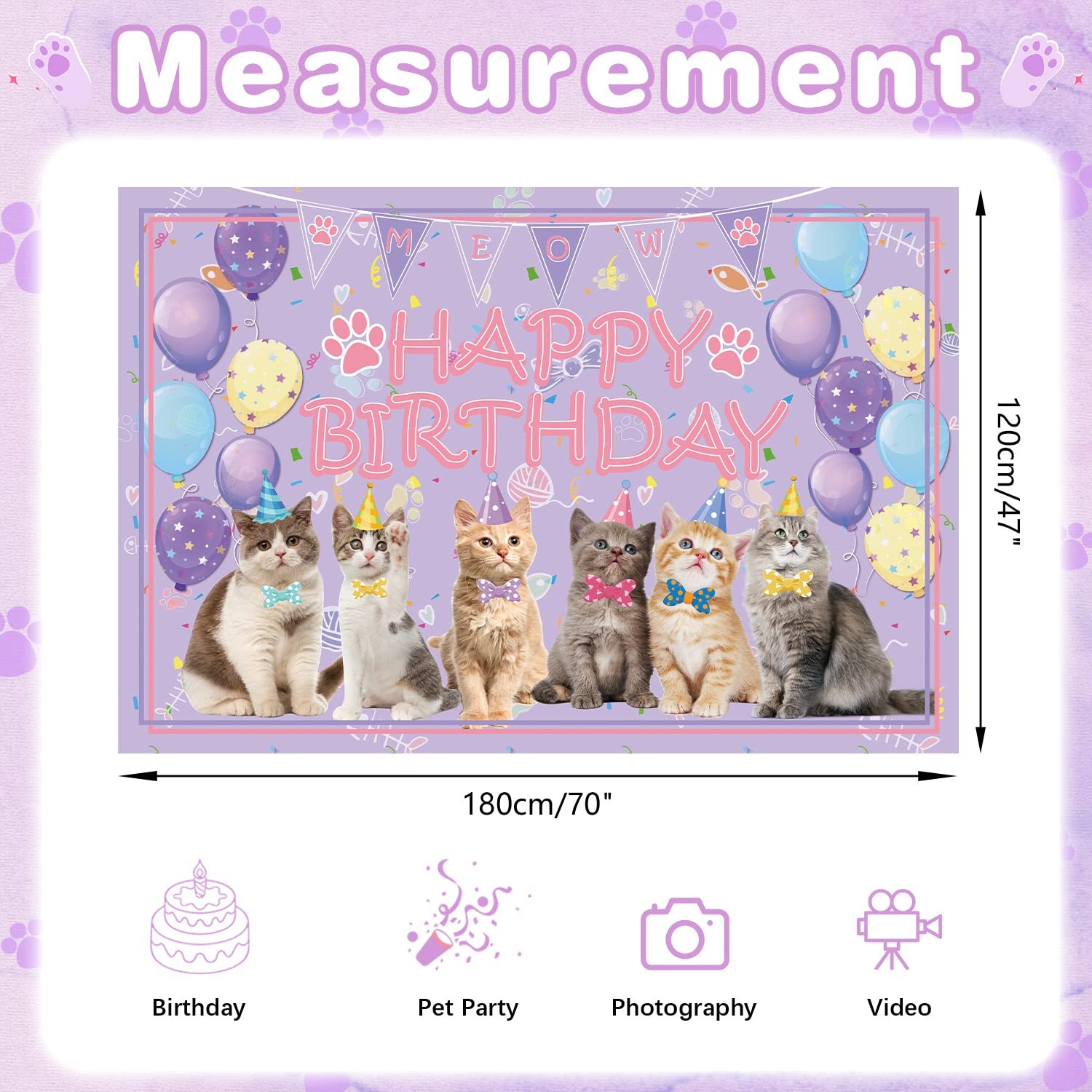 Cat Party Decoration Supplies – Happy Birthday 72 x 47 inches, Pink