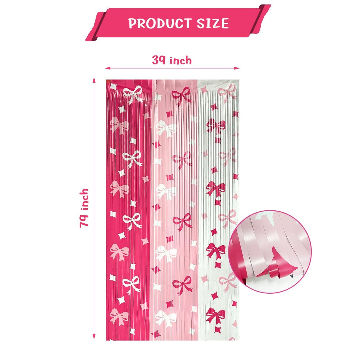 3 PCS Pink Bow Tinsel Foil Fringe Curtains Party Backdrop Birthday Decor