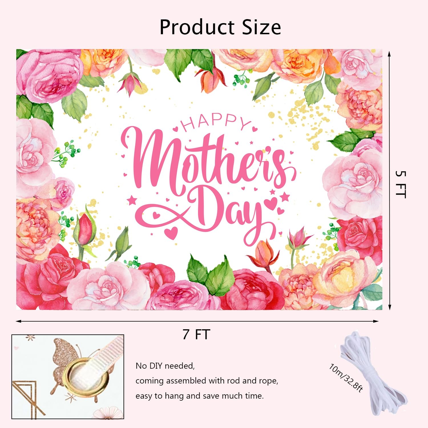 Ouksma 7x5ft Elegant Floral Happy Mother’s 4’9″ x 6’11”, Pink Yellow Flower