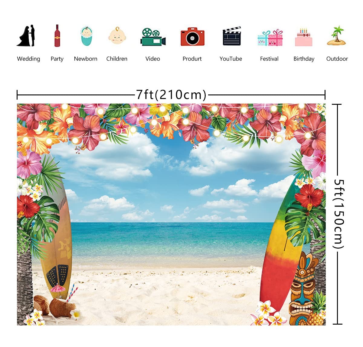 7x5FT Summer Hawaiian Beach Backdrop Sky Ocean Tropical Palm Flower Surfboard