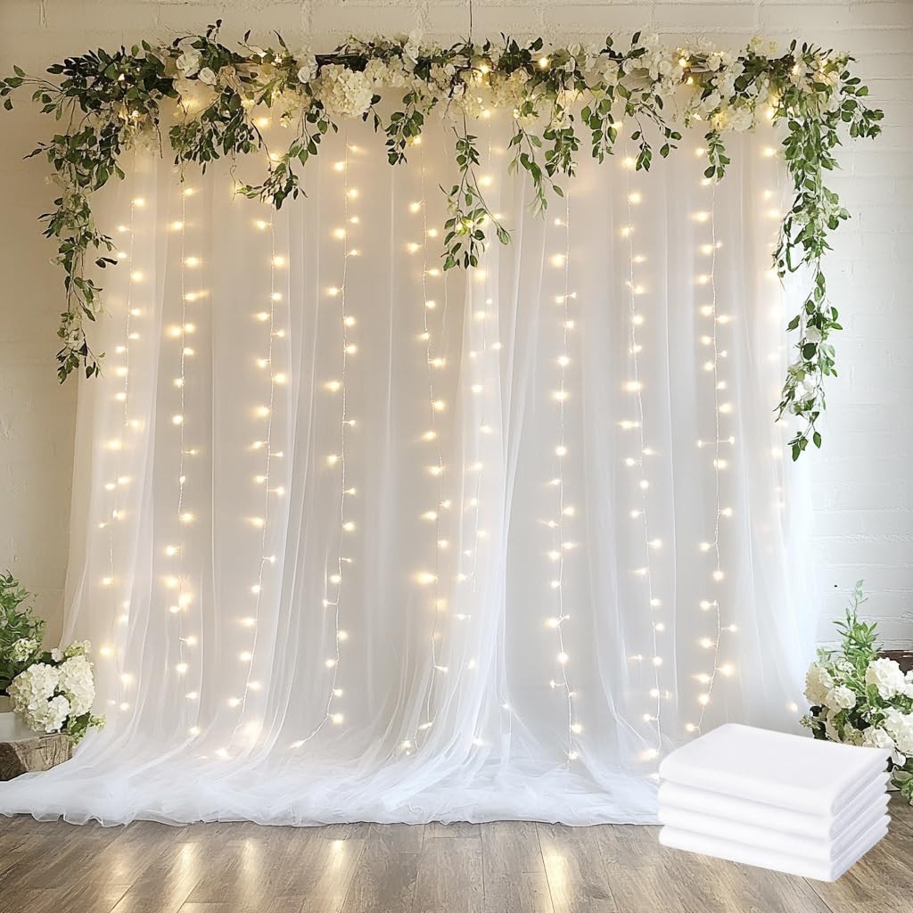 Tulle Backdrop Curtain with Lights White Sheer Wedding Decor Fits 20×10 Ft