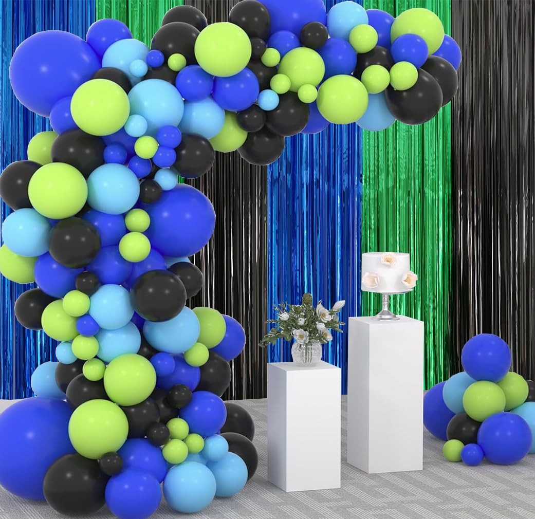 3.3×6.6 Ft Blue Green Black Metallic Tinsel Foil Fringe Backdrop Streamers 2 PCS
