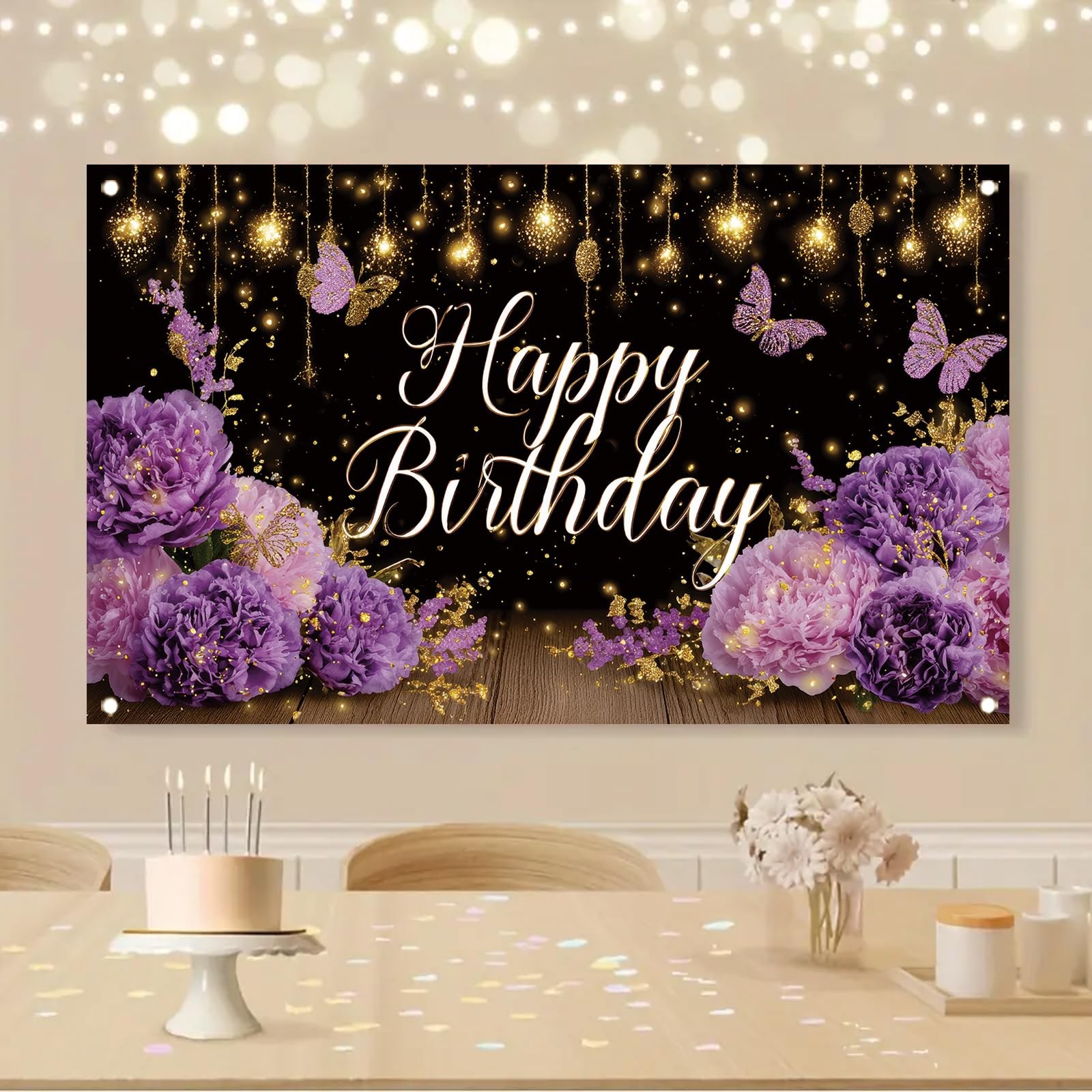 Purple Happy Birthday Backdrop 71 x 43 Inch Floral Butterfly Gold Glitter Photog