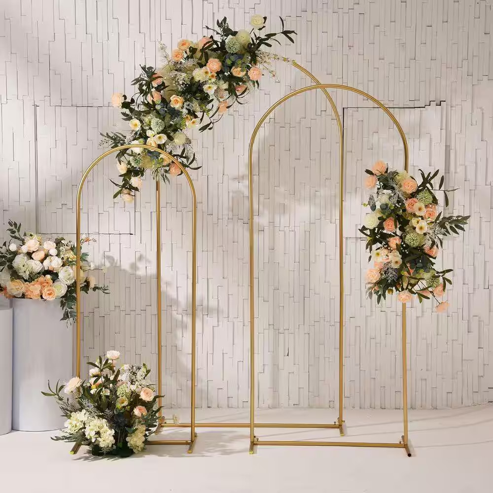 Metal Arch Backdrop Stand Set of 3 Light Gold 6.6 Ft. 5.9 Ft. 4.9 Ft. for Weddin