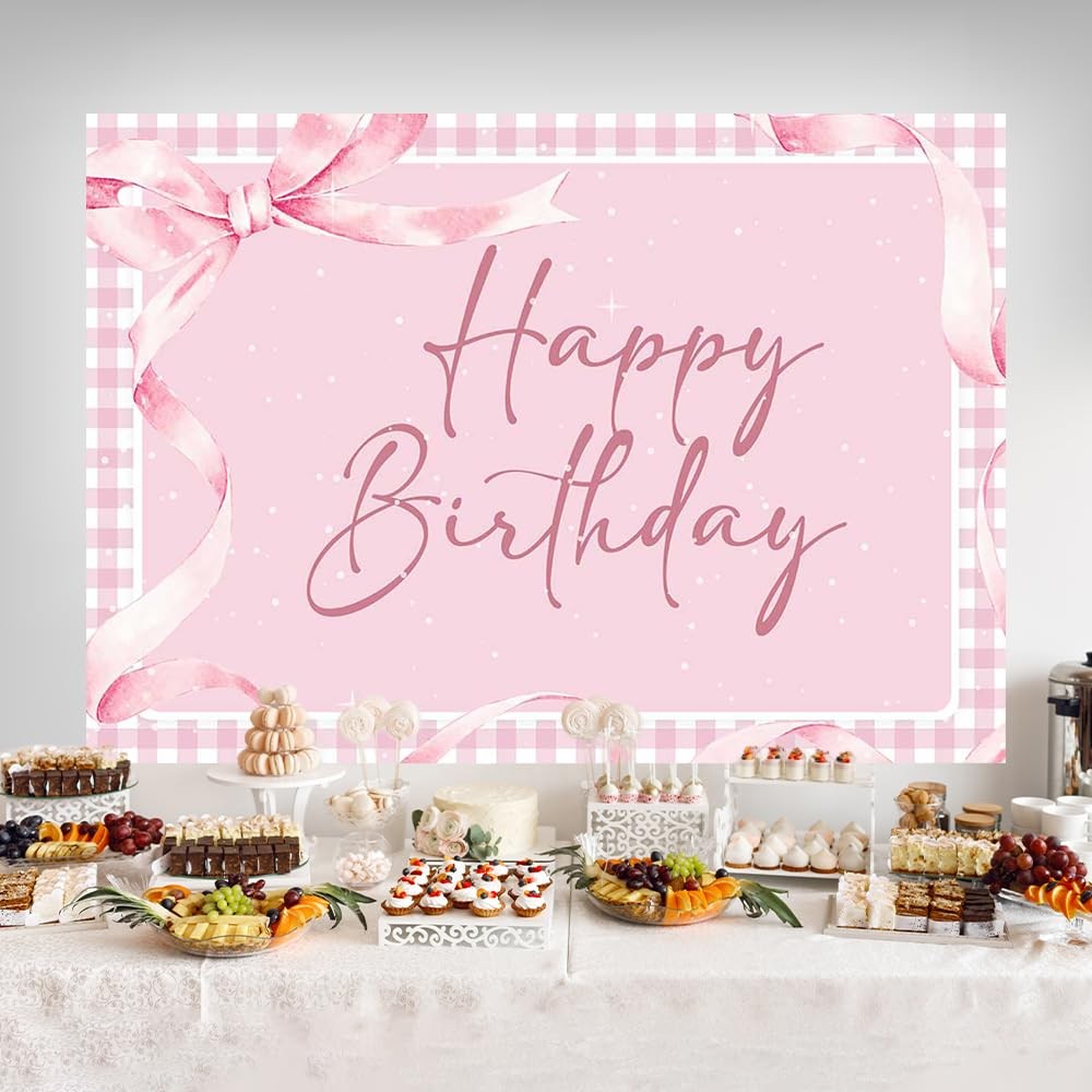 Coquette Pink Bow Happy Birthday Backdrop 7x5ft – Elegant Pink Gingham with R…