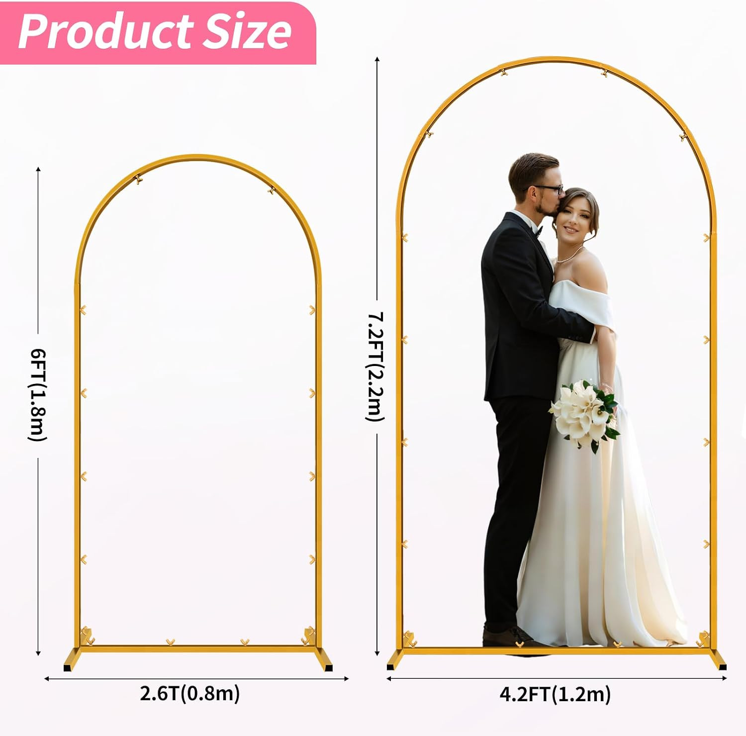 Metal Arch Backdrop Stand, 7.2FT+6FT Wedding Arches Frame, Gold Wedding Arch Bac