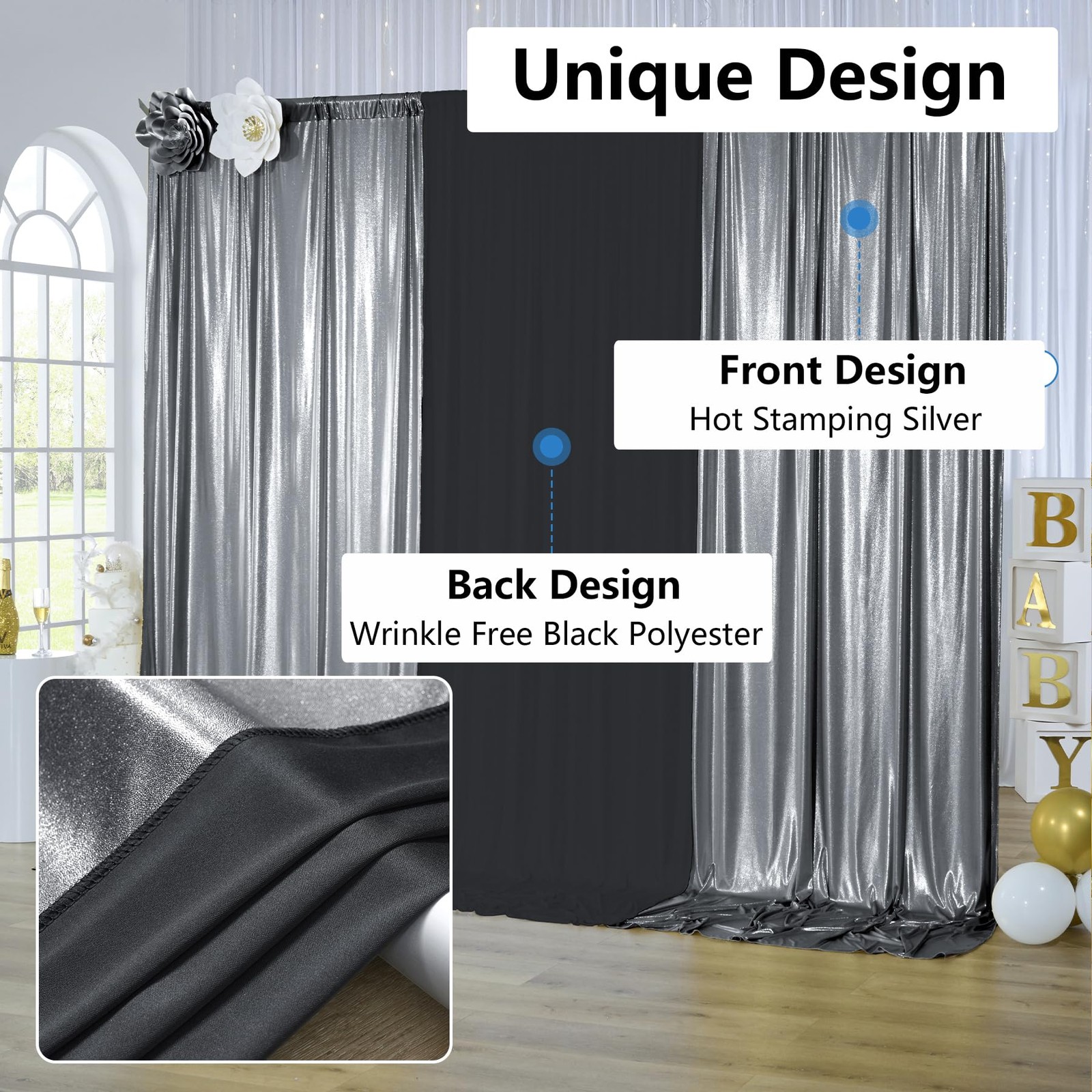 40×10 ft Wrinkle Free Black Silver 5ft(W)x10ft(H)_8 Panels,