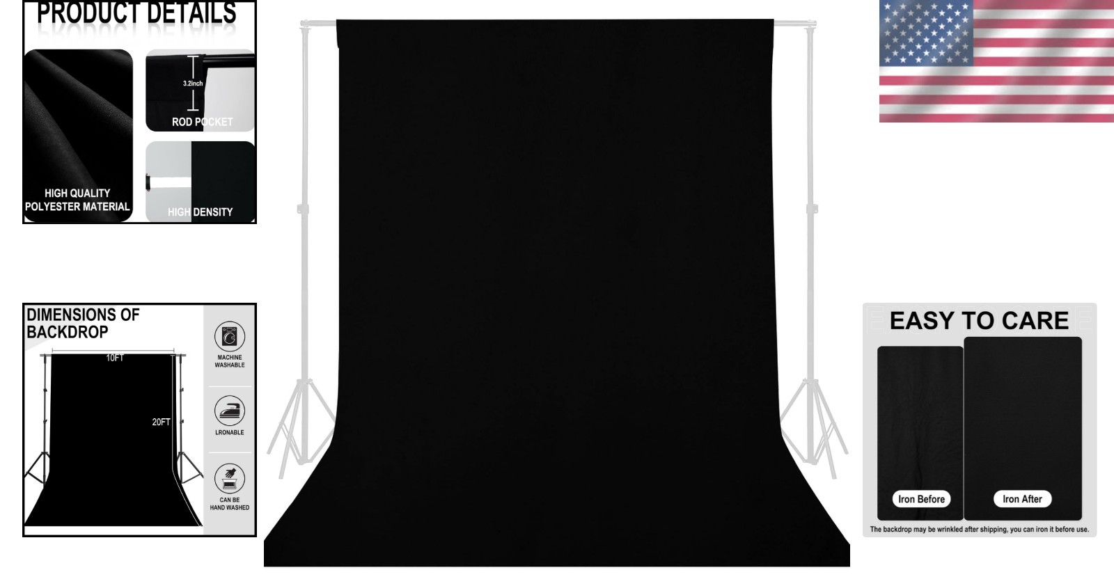 Lightweight 10FT x 20FT Black Photography Backdrop – Water Resistant & Washable
