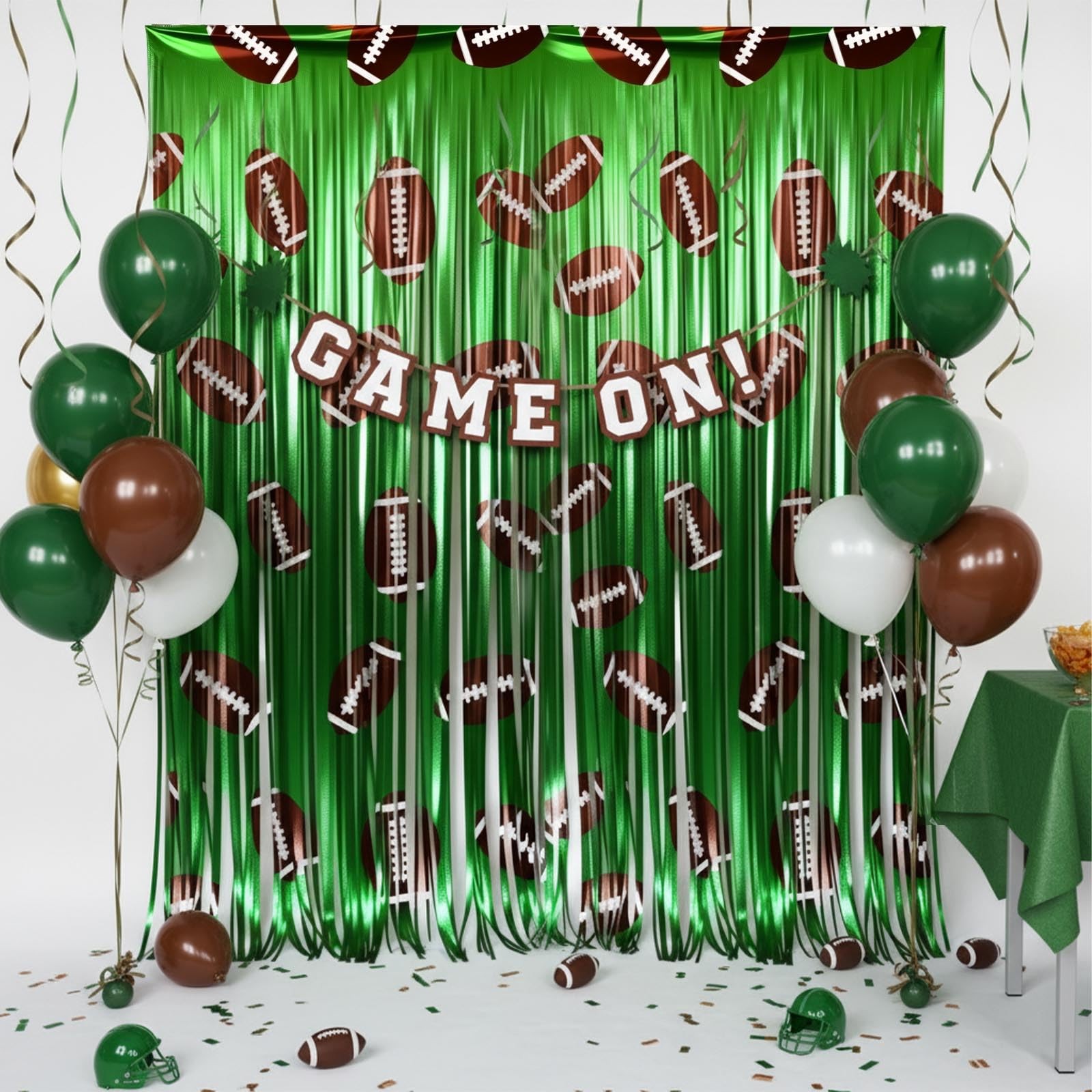 3.3×6.6 Ft Brown Green Football Foil Fringe Curtain Backdrop Sports Decor 2 PCS