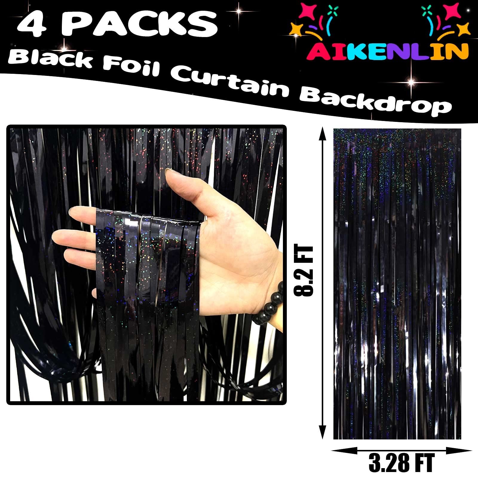 4 PCS Black Foil Fringe Curtain Backdrop 3.2×8.2 Ft Metallic Streamer Decor