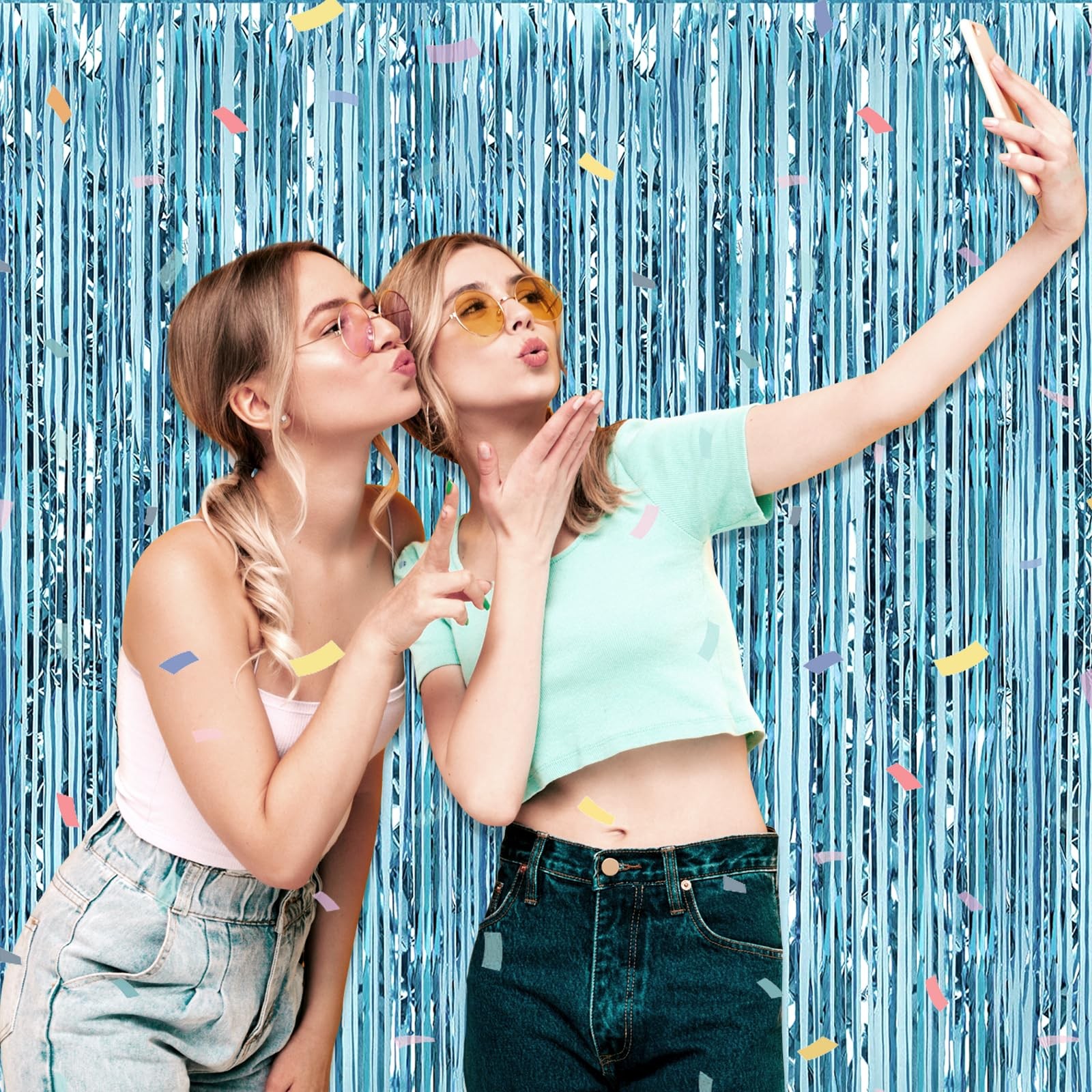 3 Pack Light Blue Foil Fringe Curtain Backdrop 3.28Ft x 6.6Ft Metallic Tinsel