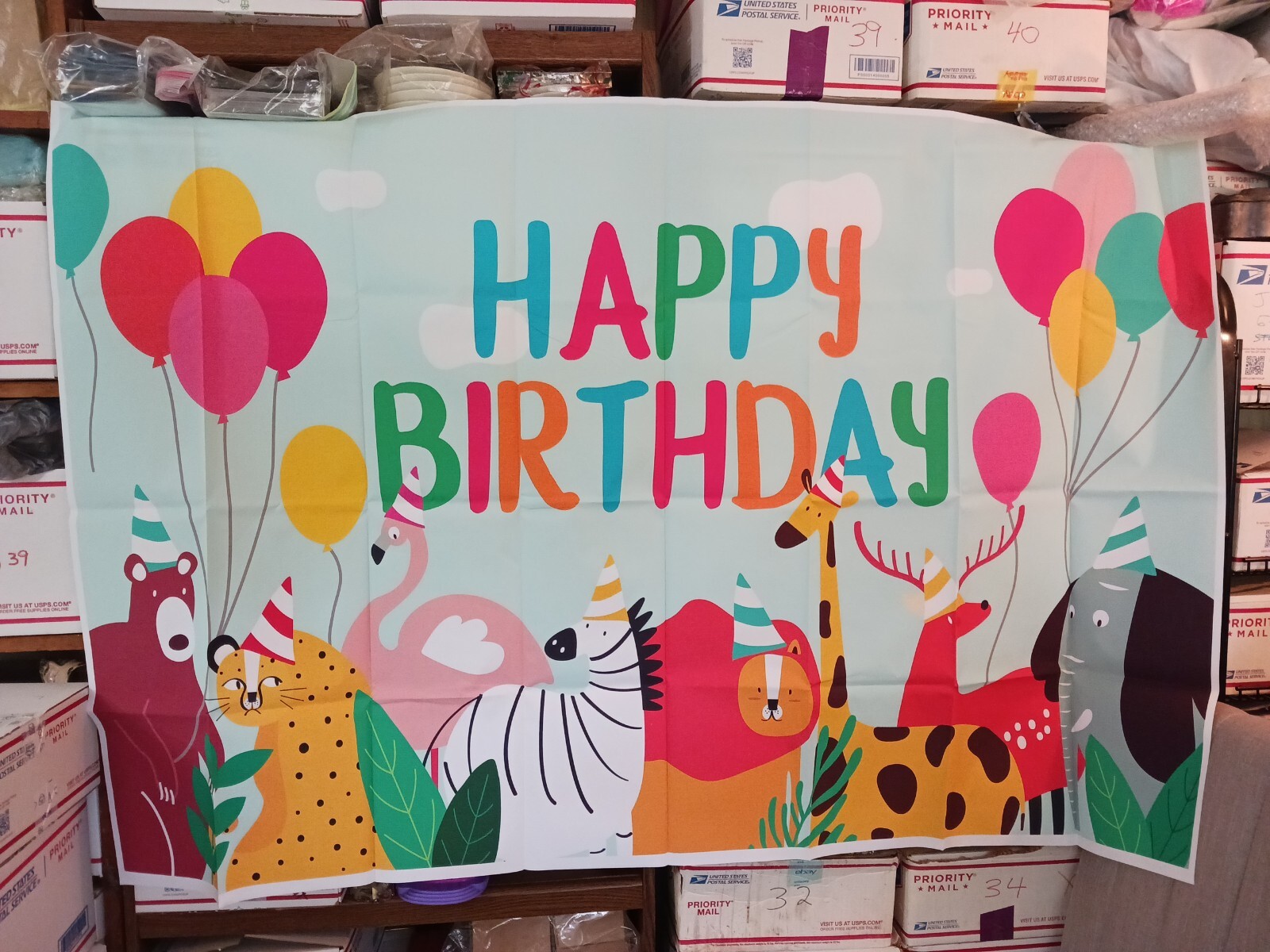 Wild animal happy birthday banner for children. Photo Backdrop Vinyl 39″ x 60″.