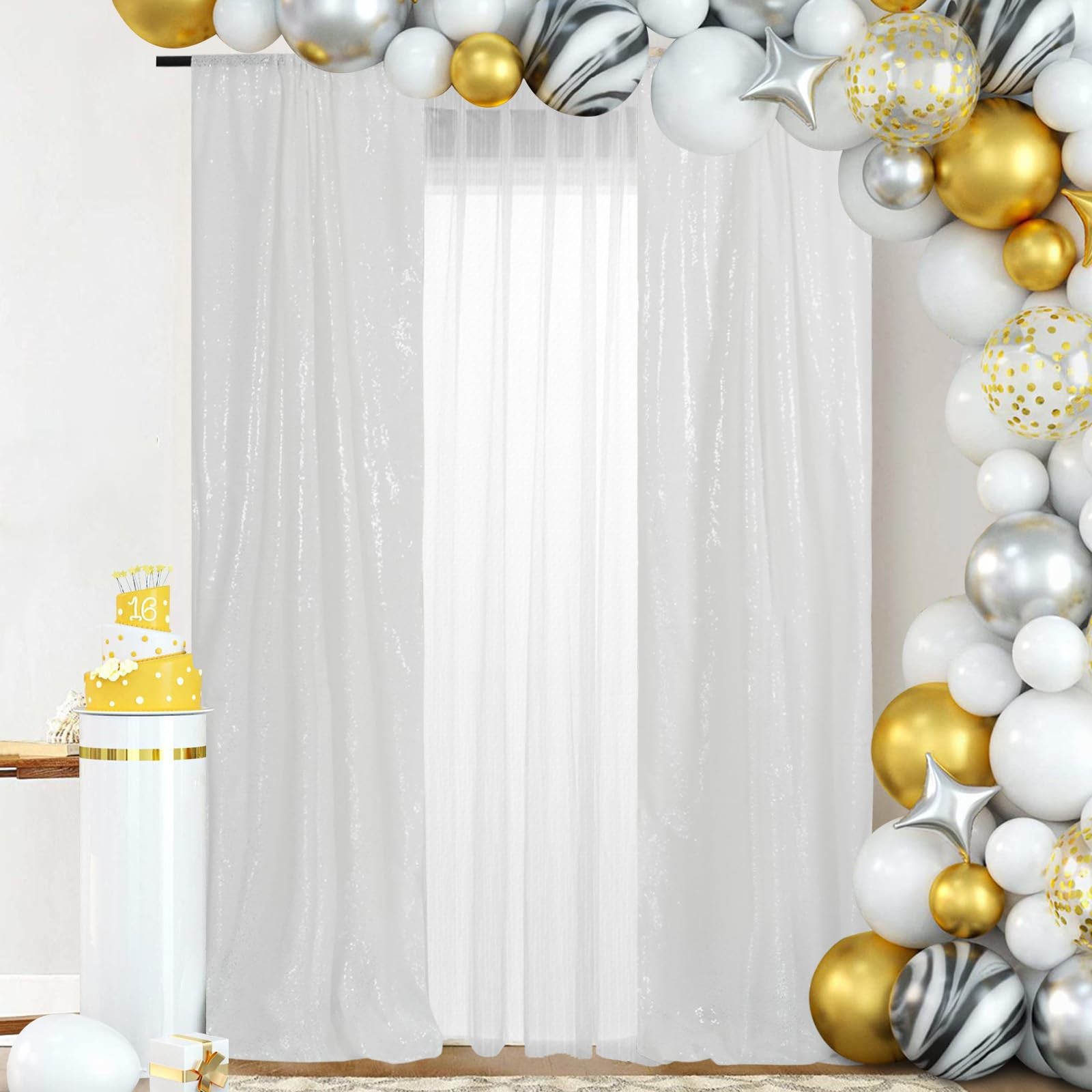 White Sparkly Sequin Backdrop Curtains 2FT X 8FT 2 Panels for Wedding Party R…