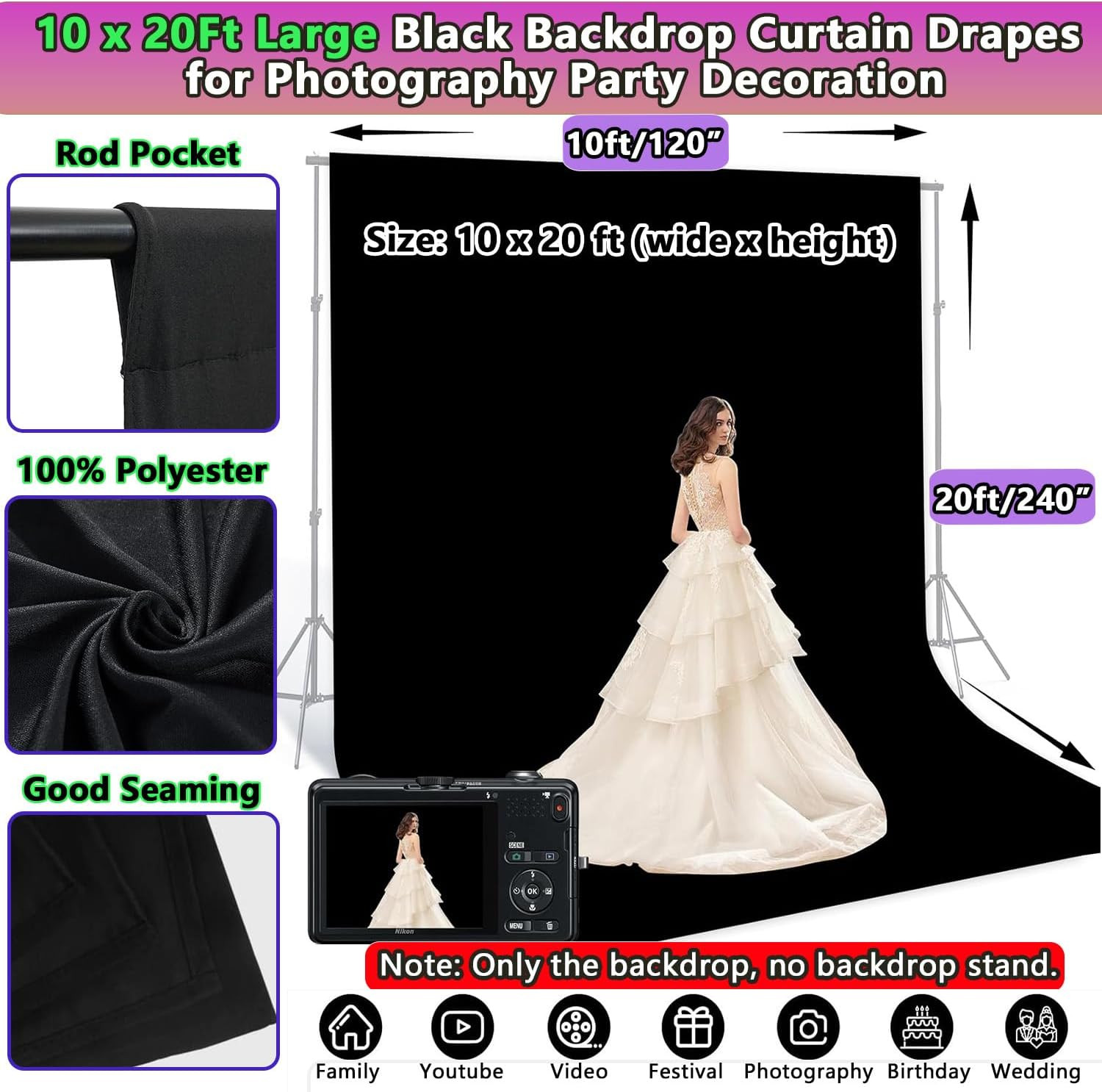 10X20Ft Large Black Backdrop, Polyester Black Photography Background Screen, Hig