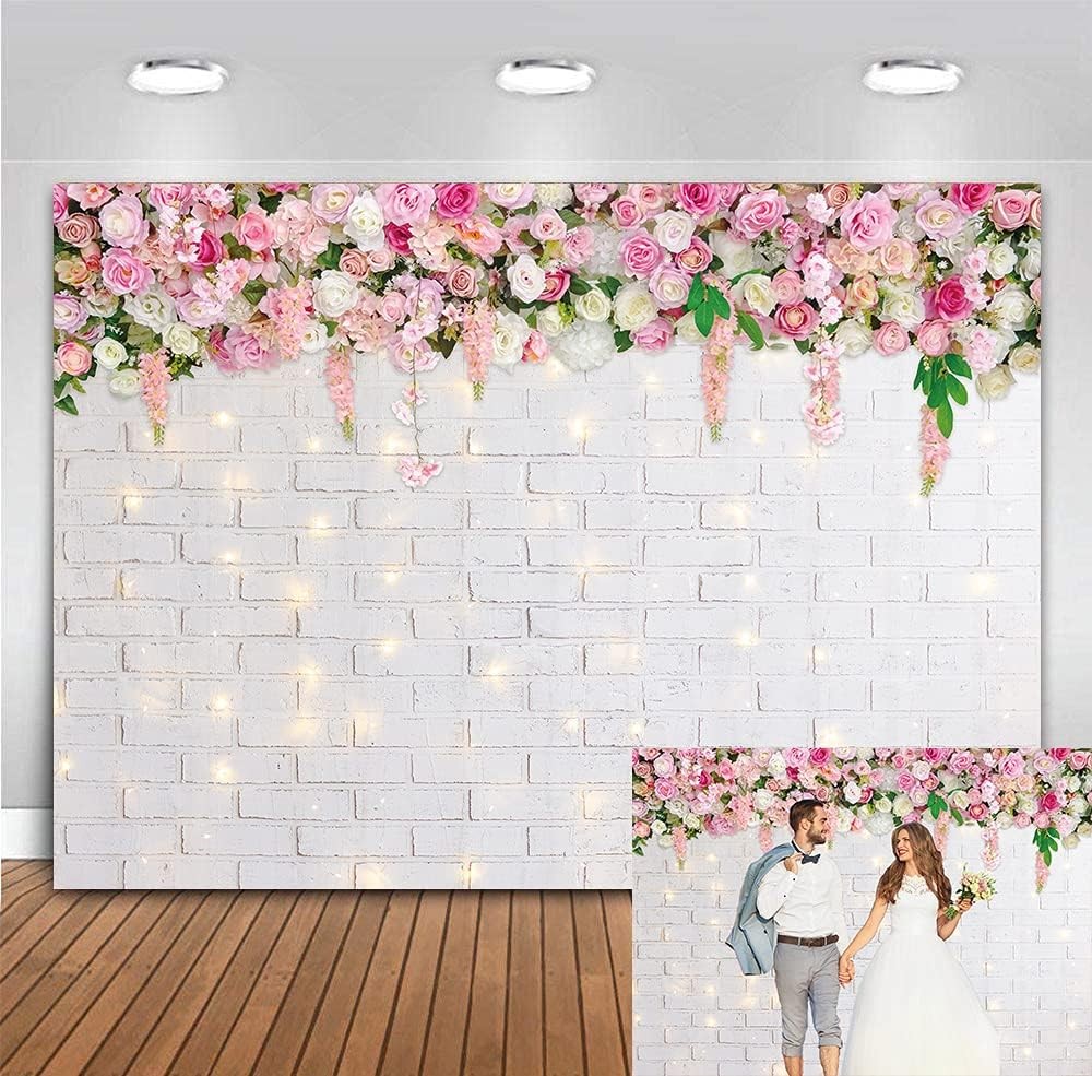 Flower Wall Backdrop Glitter White Brick Mothers Day Flowers 7x5FT Background