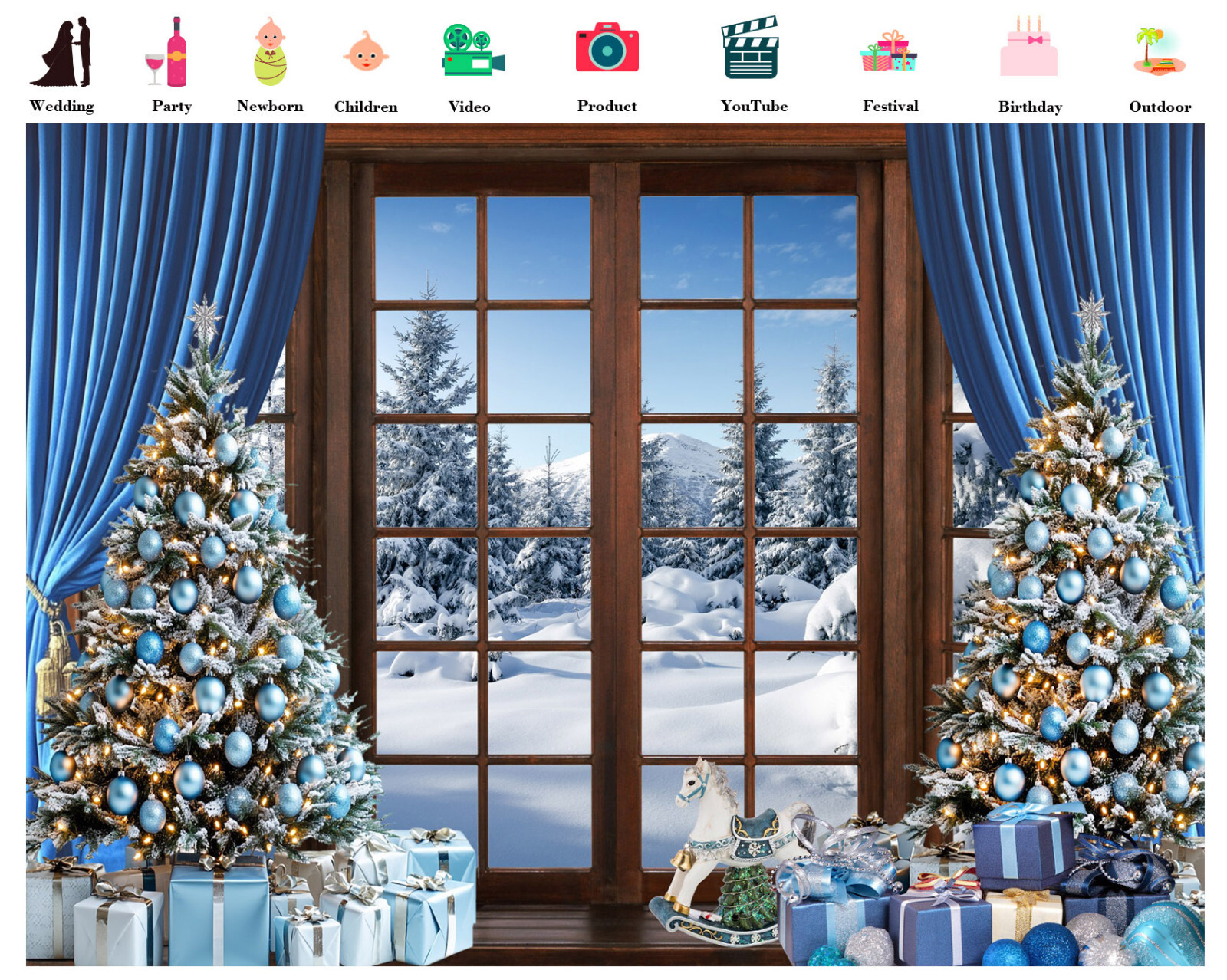 10x8ft Winter Forest Scene Blue Christmas Tree Vinyl Backdrop Photo Background