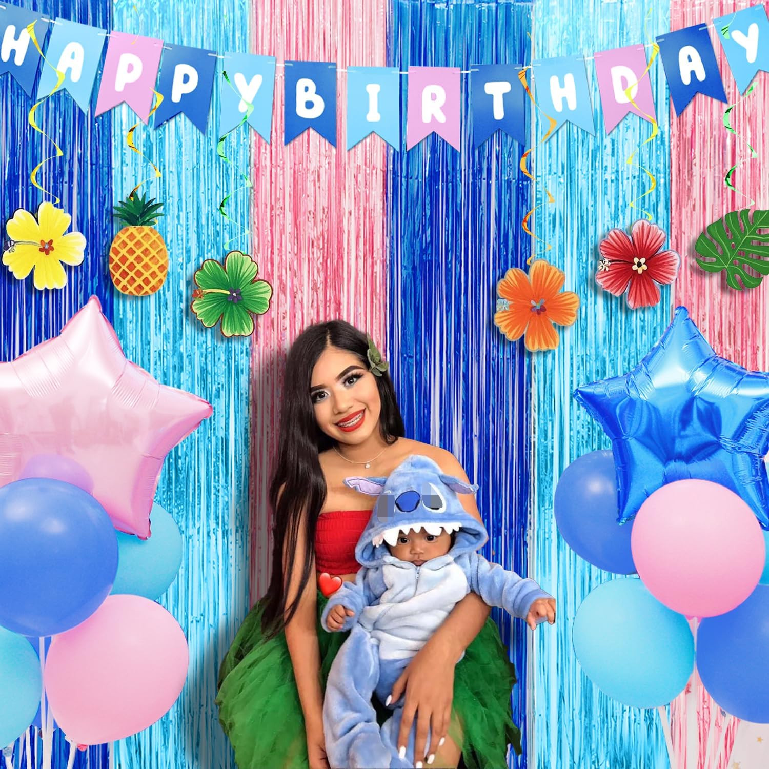 Cartoon Birthday Decorations, 2 Pack Luau Party Photo Booth Props, Blue Pink Fri