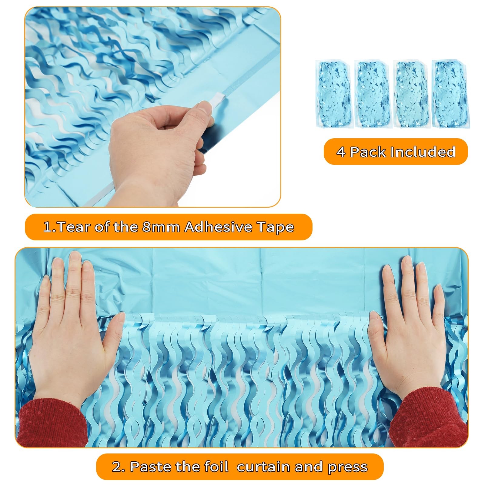 4 Pack Wavy Blue Foil Fringe Curtain 3.3×6.6 Feet | 3.3ft*6.6ft,