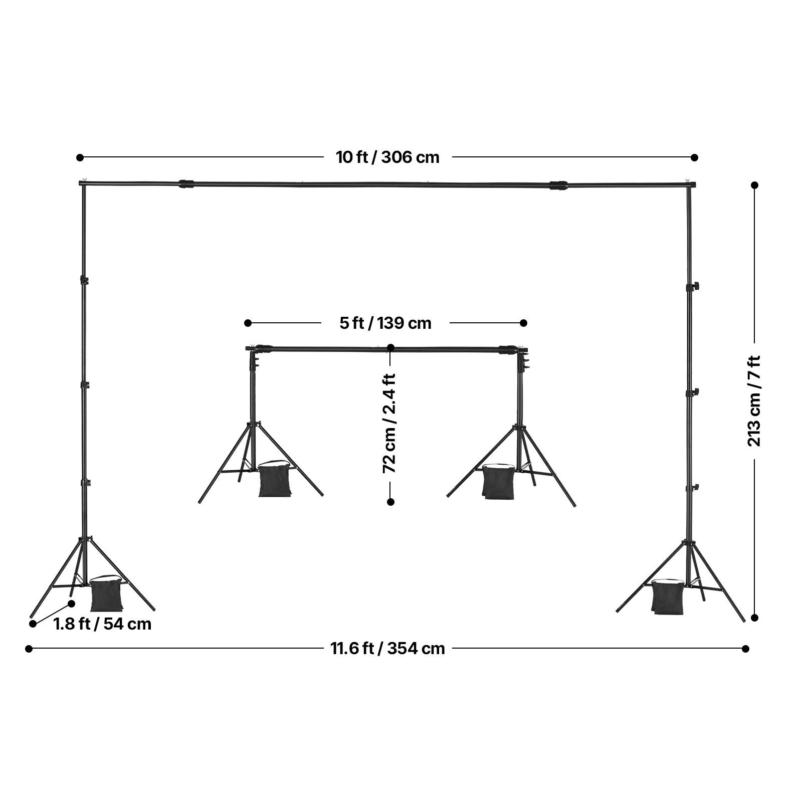 7x10ft Adjustable Backdrop Stand with 3 Crossbars, Portable Photo Studio Frame
