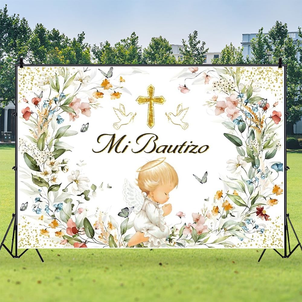 Green God Bless Baptism Backdrop Pink Floral Gold Cross for First Communion