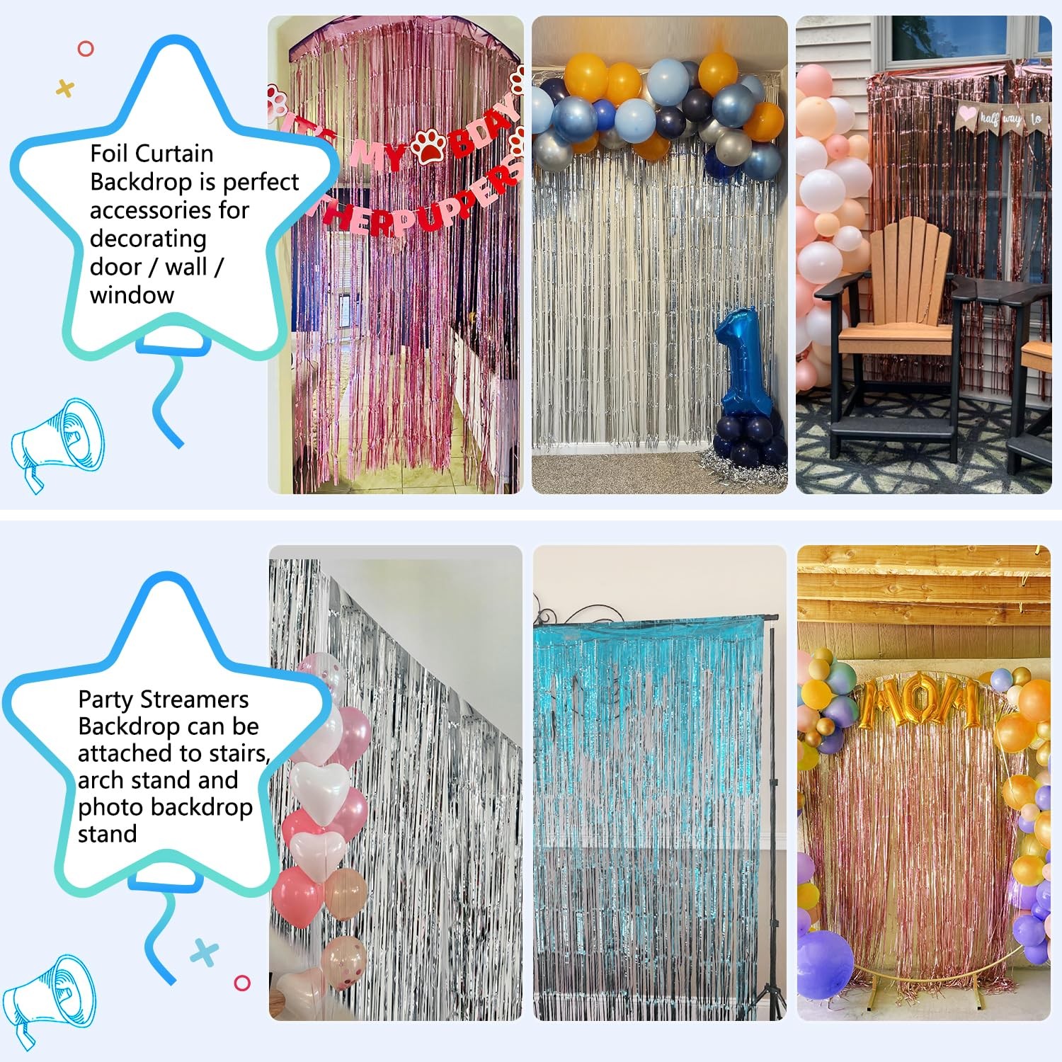 2 PCS Blue Streamer Party Decoration 3.3×8.2 Ft Light Blue Tinsel Foil Prop