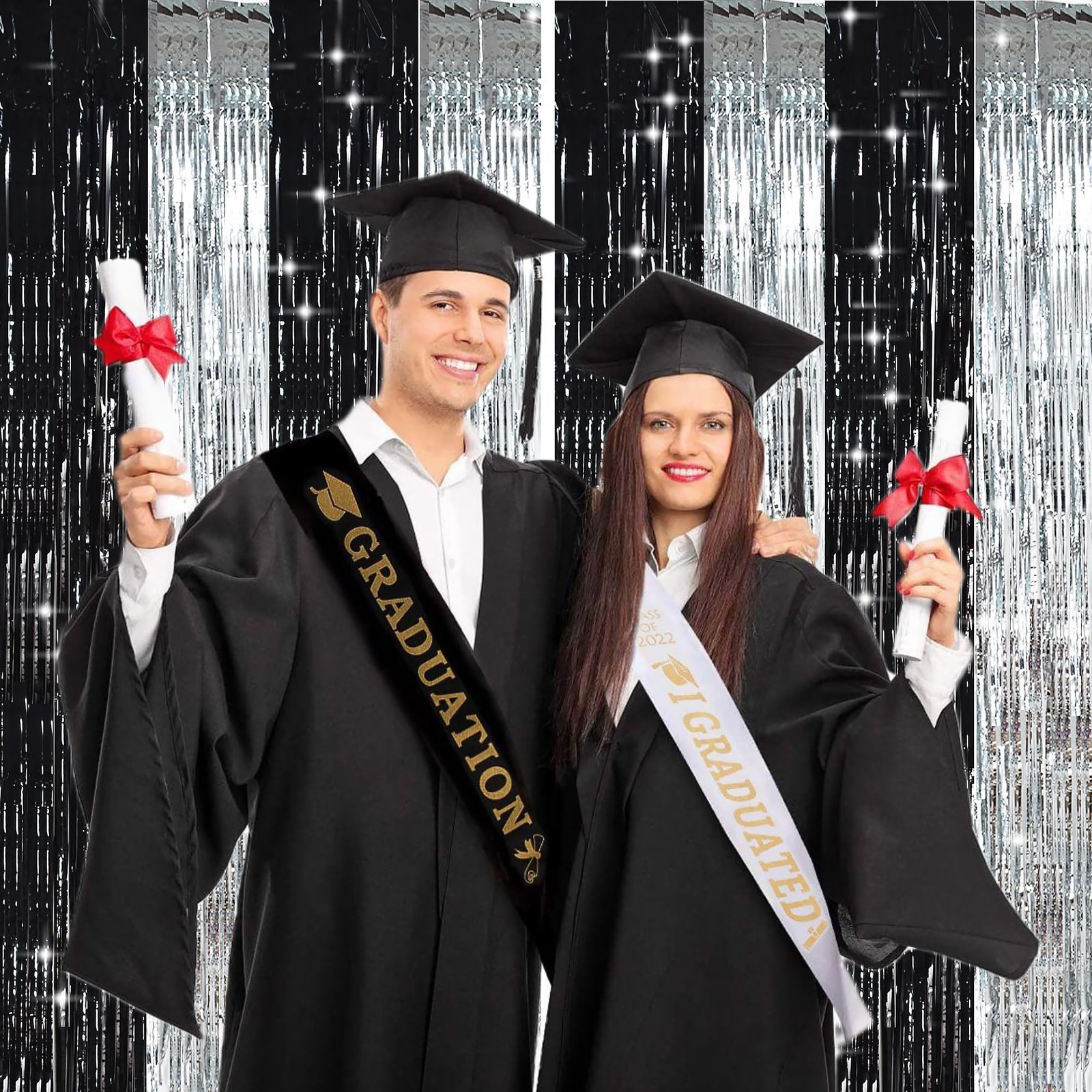 Silver Black Foil Fringe Curtain Metallic Door Streamers Photo Booth Backdrop