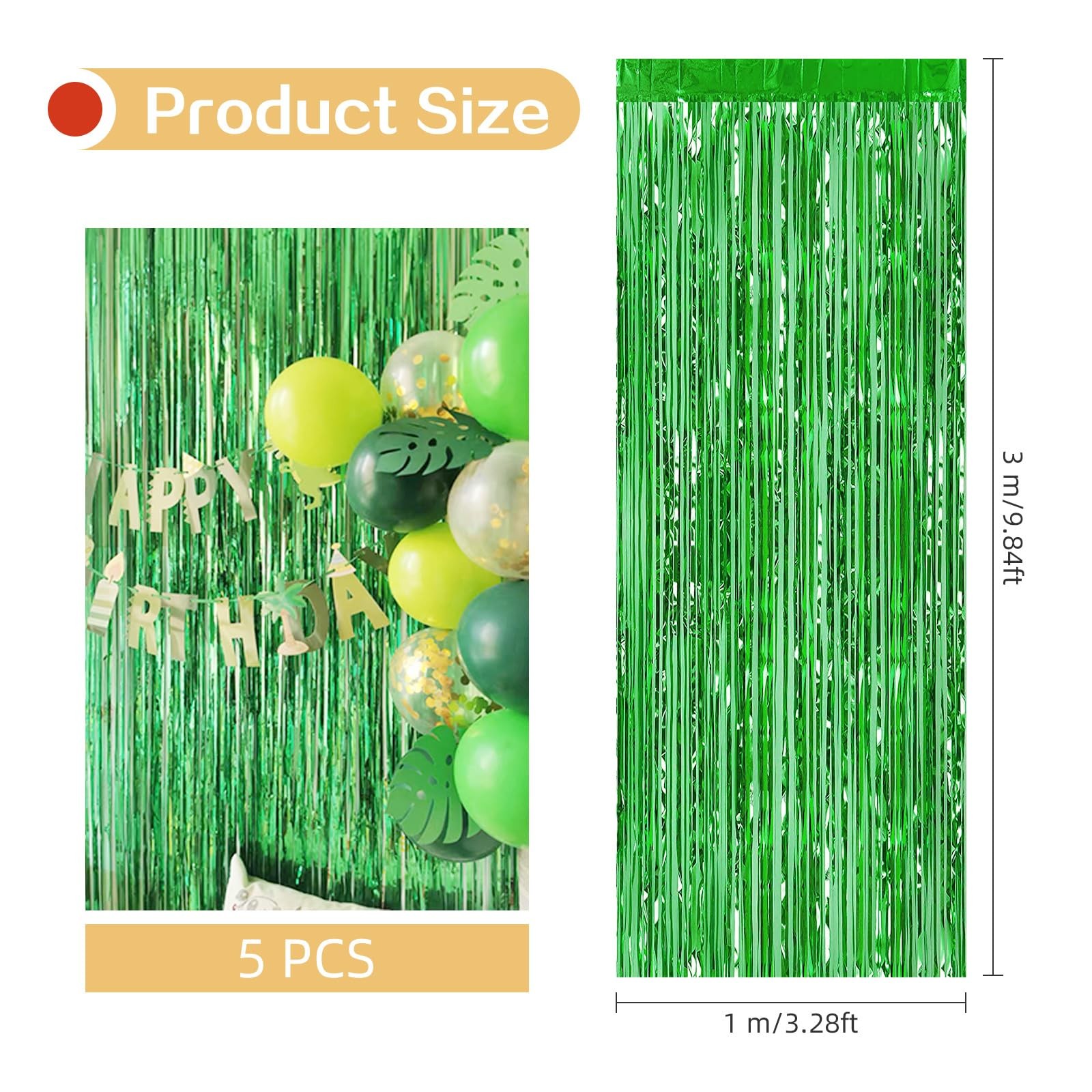 5 PCS Green Foil Curtain Backdrop Metallic Tinsel Fringe Streamer 3.2×9.8 FT