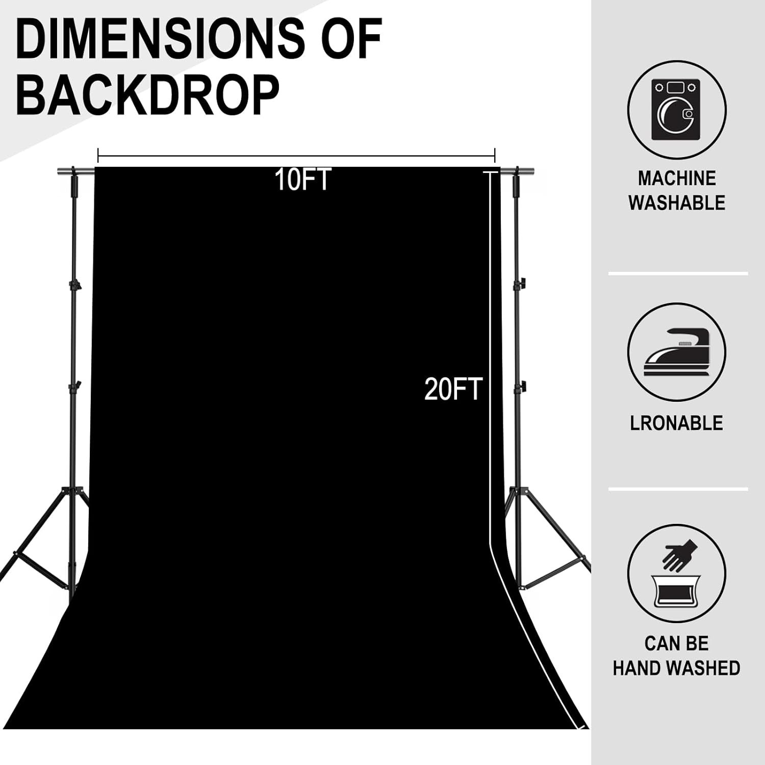 Lightweight 10FT x 20FT Black Photography Backdrop – Water Resistant & Washable