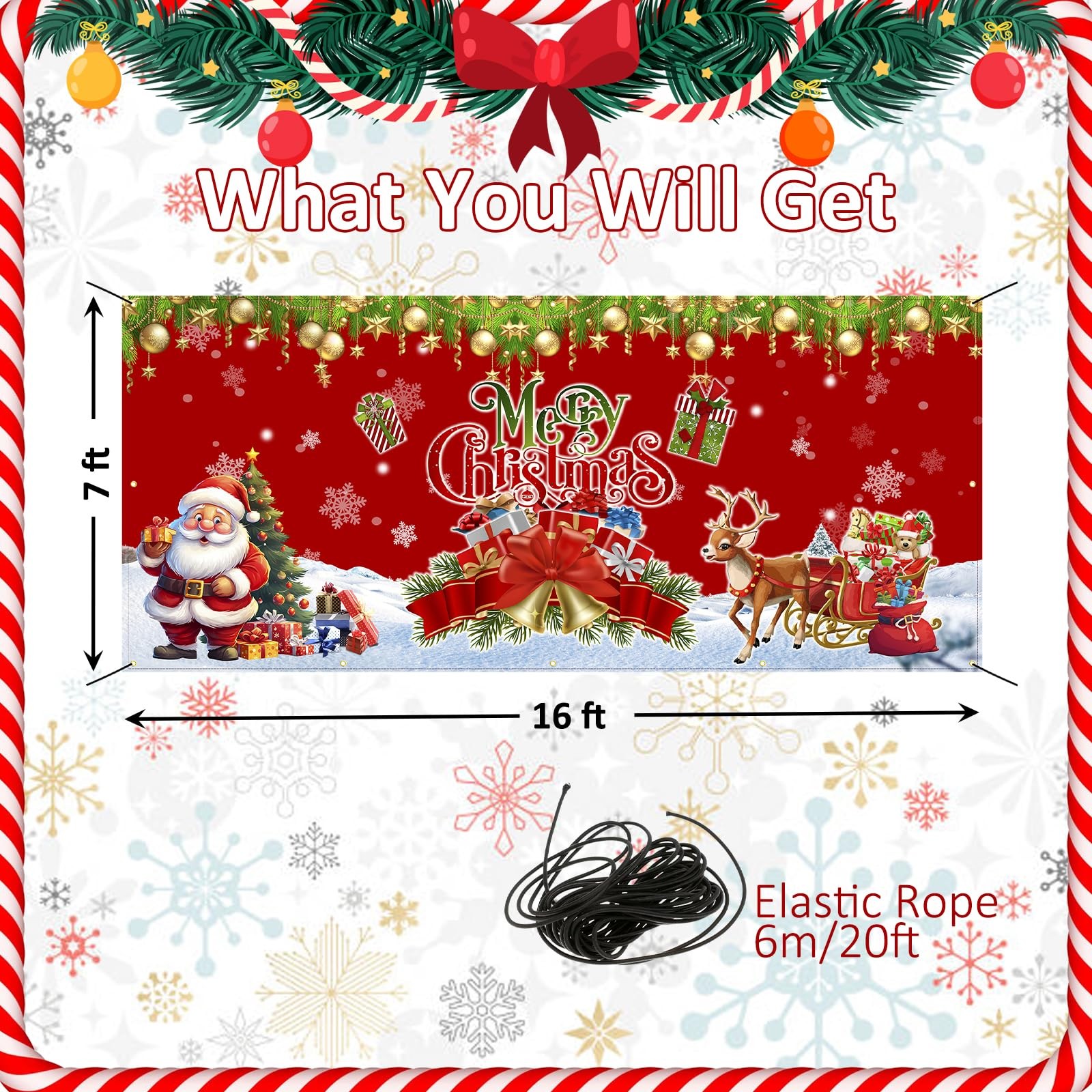 Merry Christmas Garage Door Cover, Large Hanging Backdrop 7 ft x 16 ft, Red