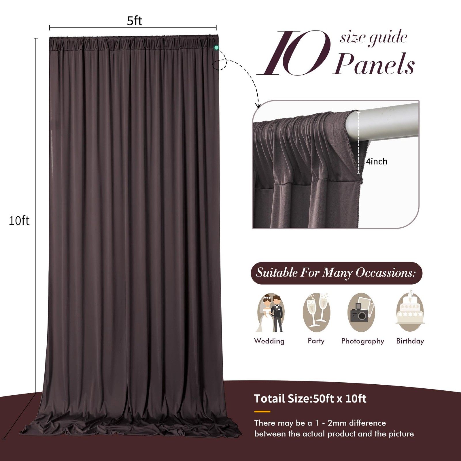 50 ft x 10 Wrinkle Free Brown Backdrop 5′(W) x 10′(H), 10 panels,