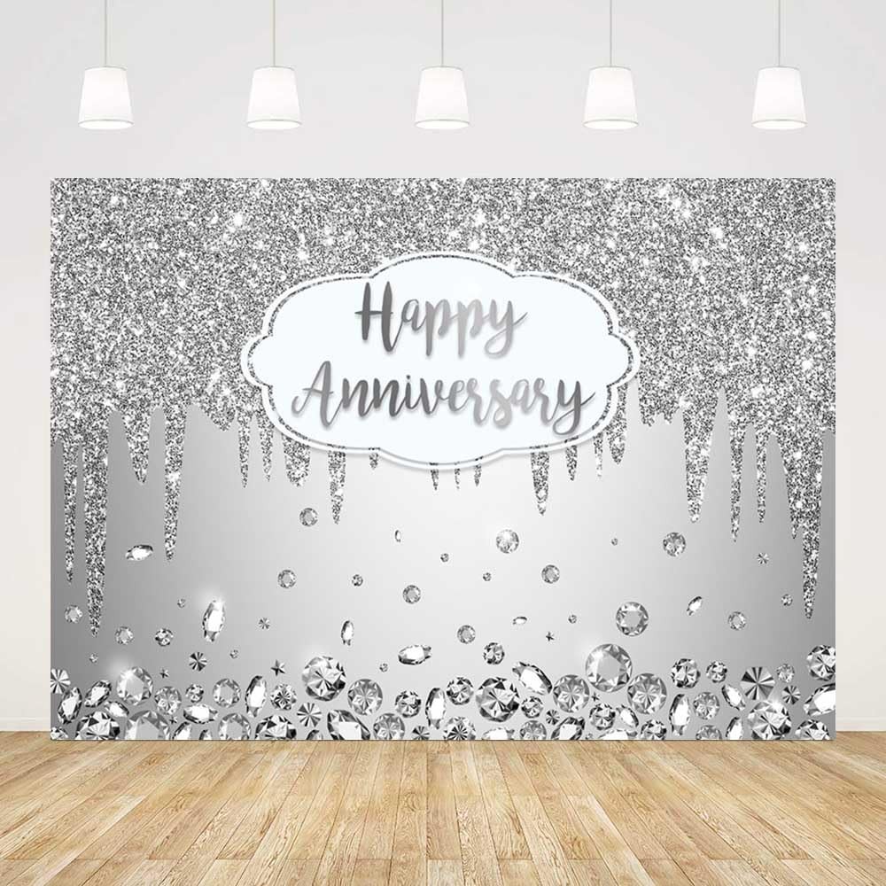 AIBIIN 7x5ft Happy Anniversary Backdrop Silver Dripping Glitter 7X5ft,