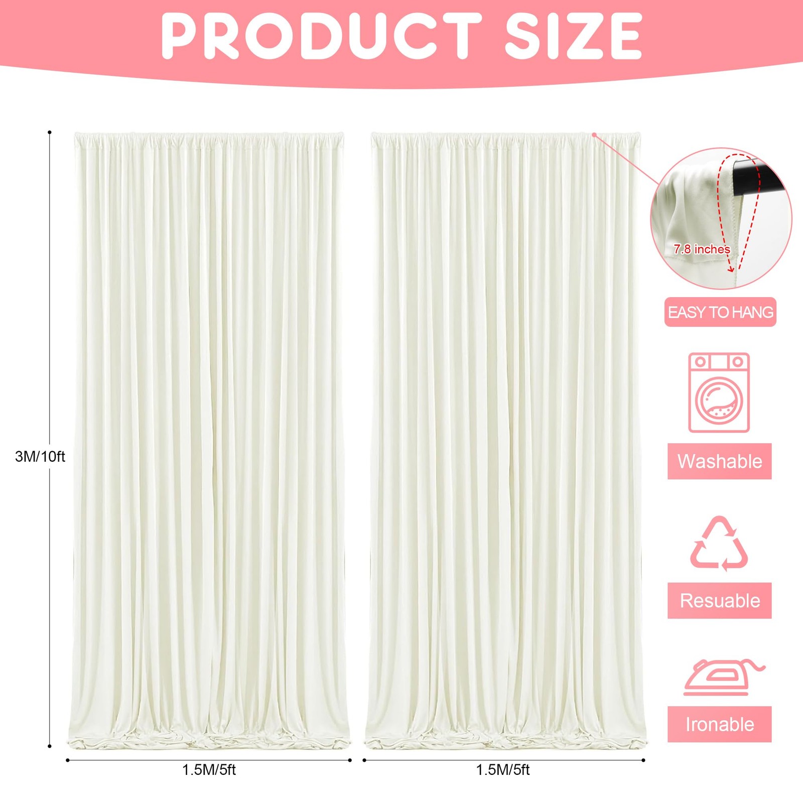 10x10FT Ivory Backdrop Curtains, 2 Panels 5x10ft, Wrinkle Free Polyester, Party