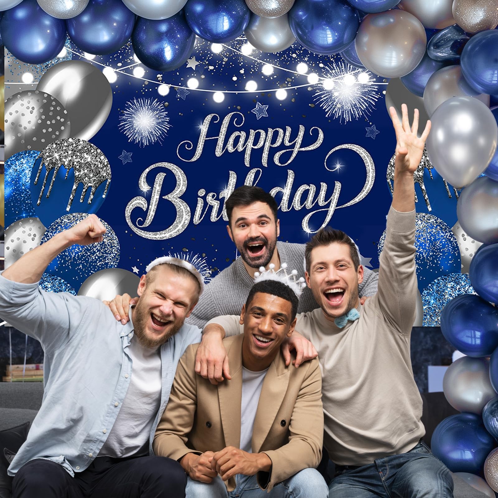 Blue Birthday Banner 6×3.6 ft Blue Silver Backdrop for Men Birthday Party Dec…