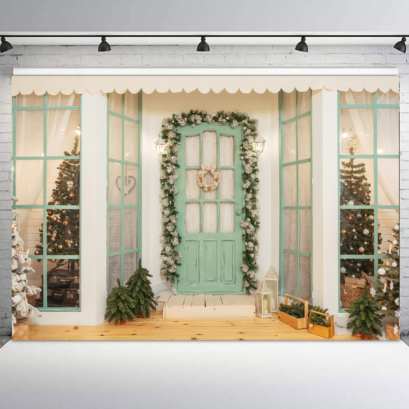 Winter Snowflakes Fireplace Green Christmas Tree Vinyl Backdrop Photo Background