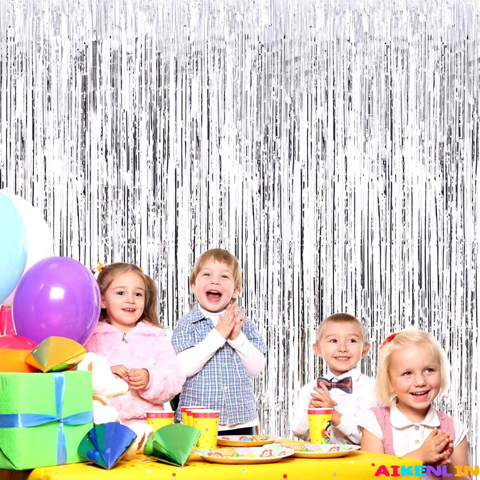 4 PCS 3.2×9.8ft Silver Foil Fringe Curtain Backdrop Metallic Tinsel Streamer