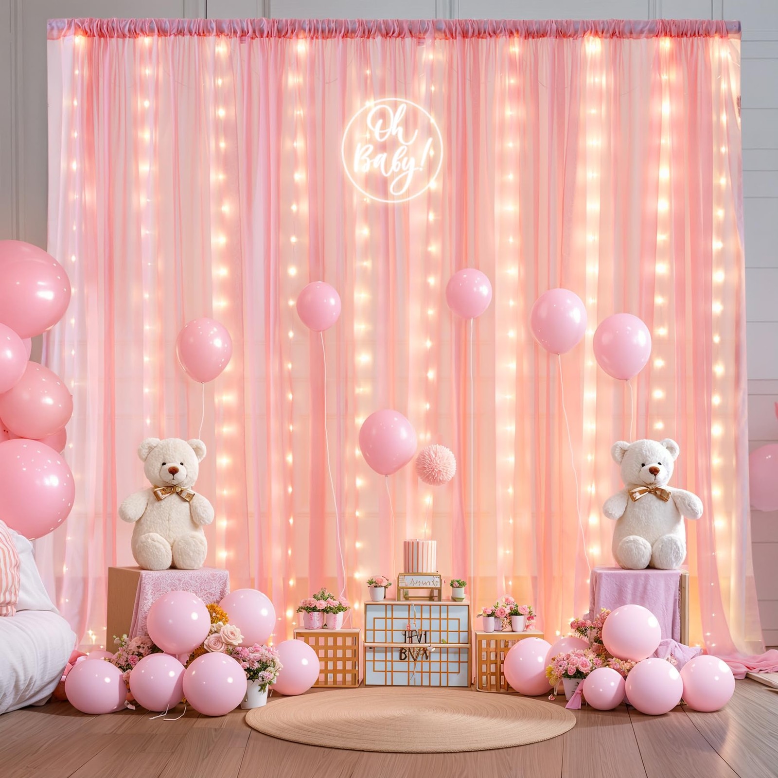 2 Panels 10×10 Ft Baby Pink Backdrop Curtain Lights String Wedding Photo