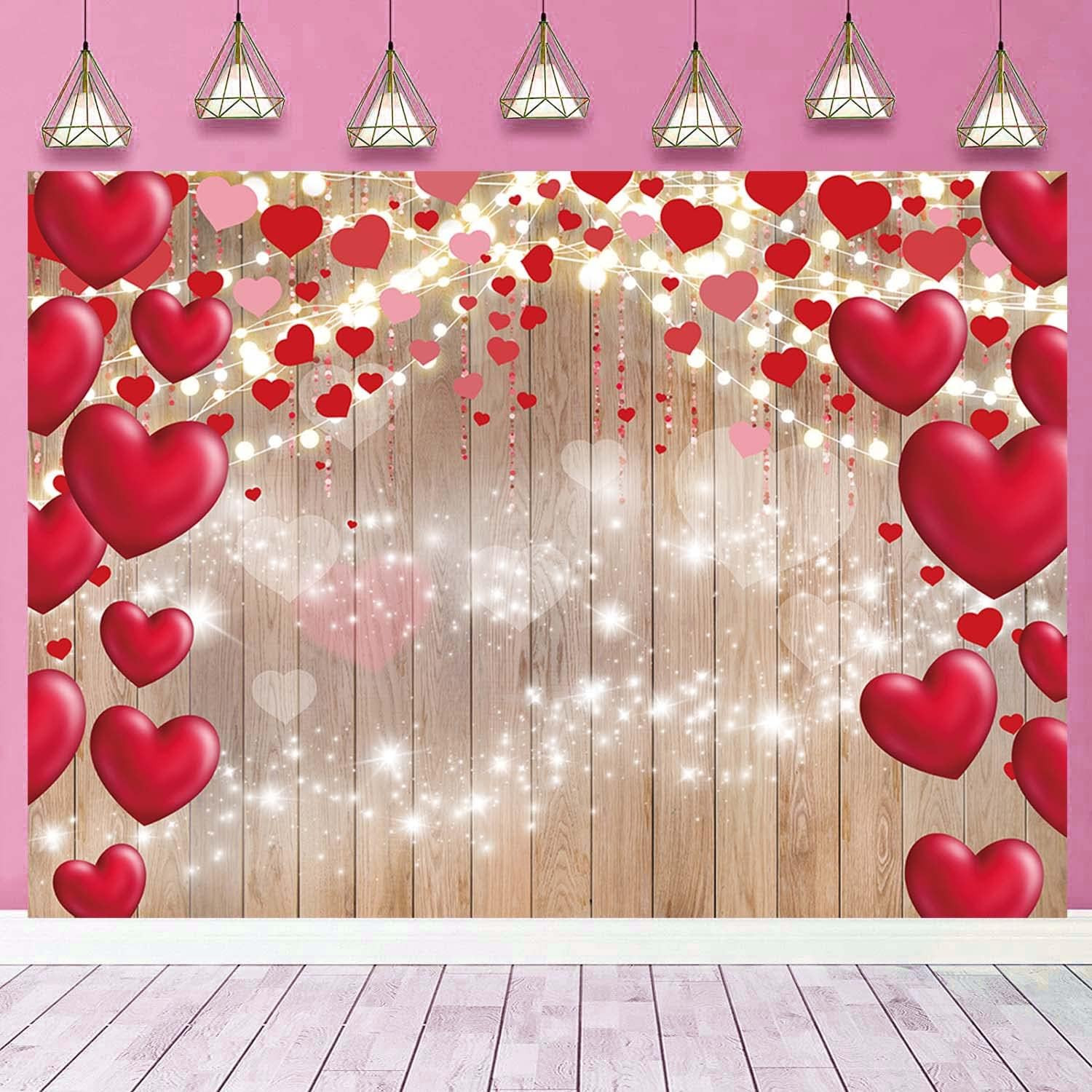 Valentine’s Day Photography Backdrop Rustic Wood Glitter Lights Red Love Heart..
