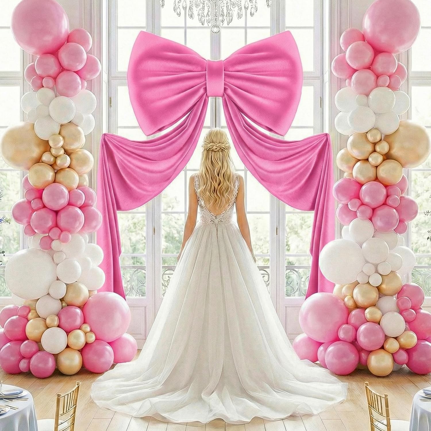 Giant Bow for Backdrop Hot Pink Large Bow with Long Ribbon, 75×23 Inch 3D Ove…