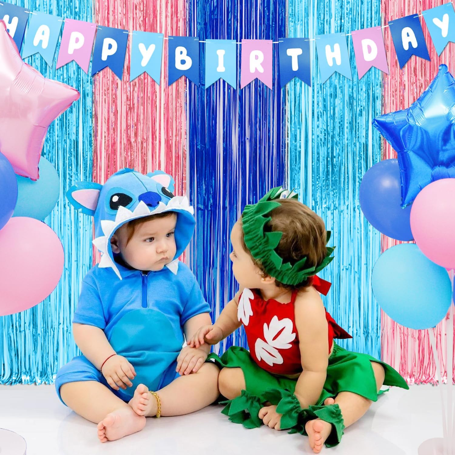 Cartoon Birthday Decorations, 2 Pack Luau Party Photo Booth Props, Blue Pink Fri