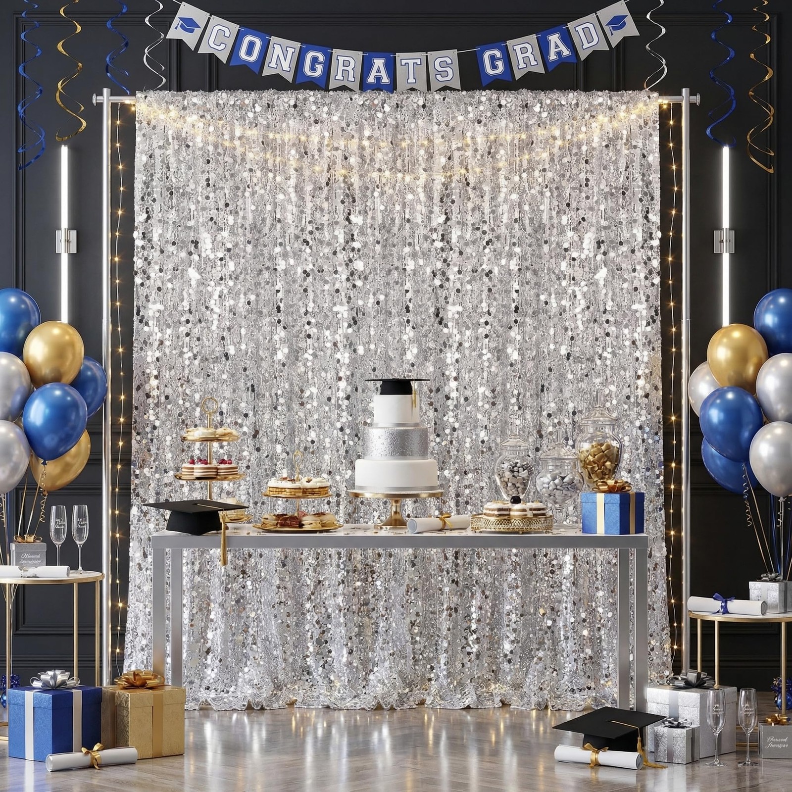 Silver Sequin Backdrop Curtain 8.6x8ft Glitter Drape Birthday Party Decor 2Pc