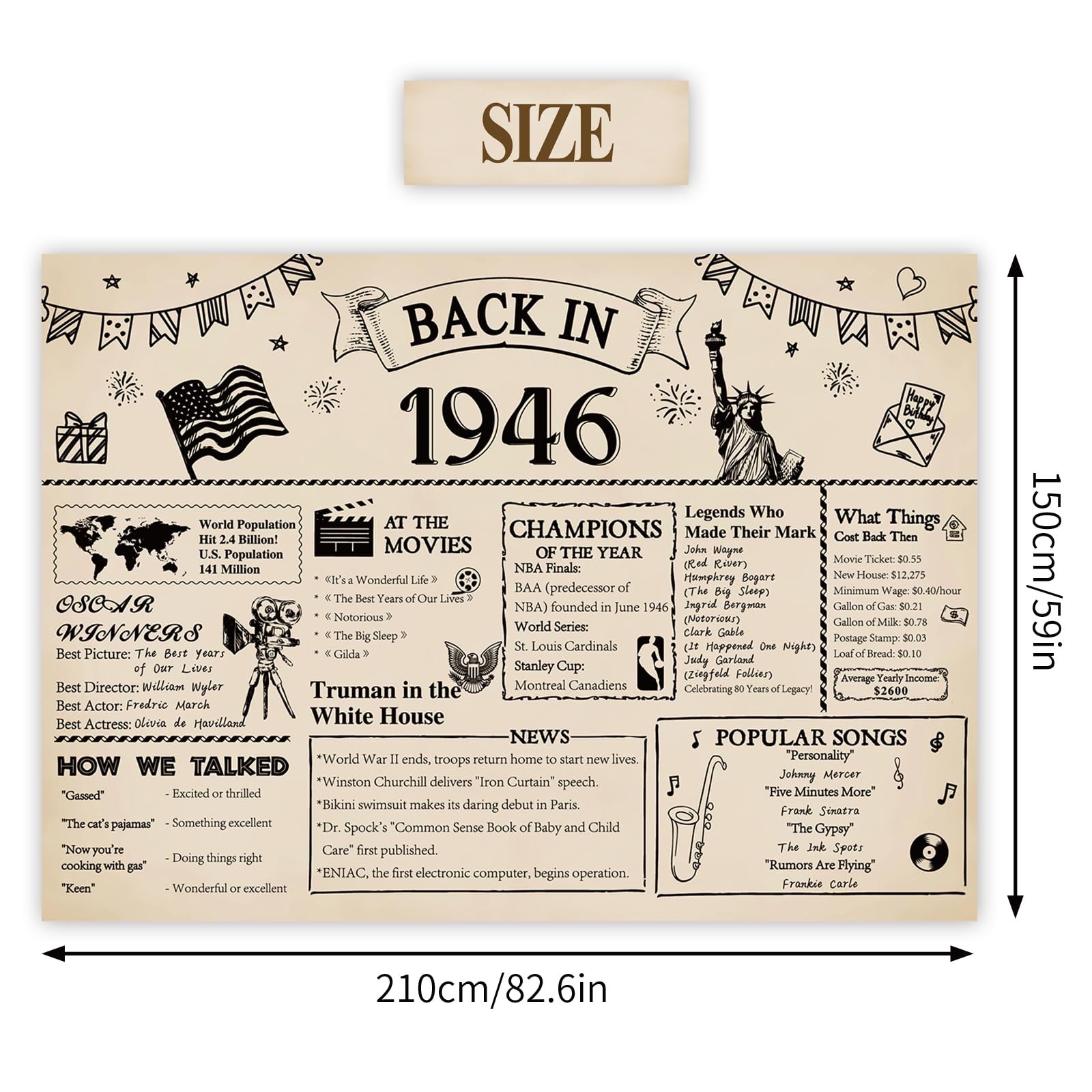 80th Banner, 1946 Decorations Vintage Backdrop – Happy 80th Decorations for M…